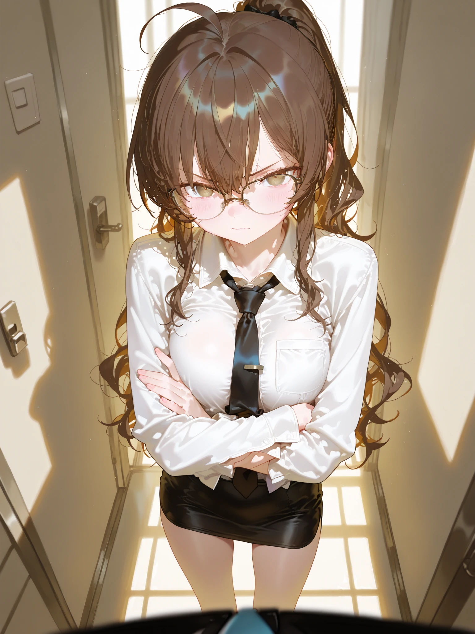 1girl, long hair, brown hair, small chest, white shirt, black pants, suit pants, glasses, anime, shear top, black bra, lace bra