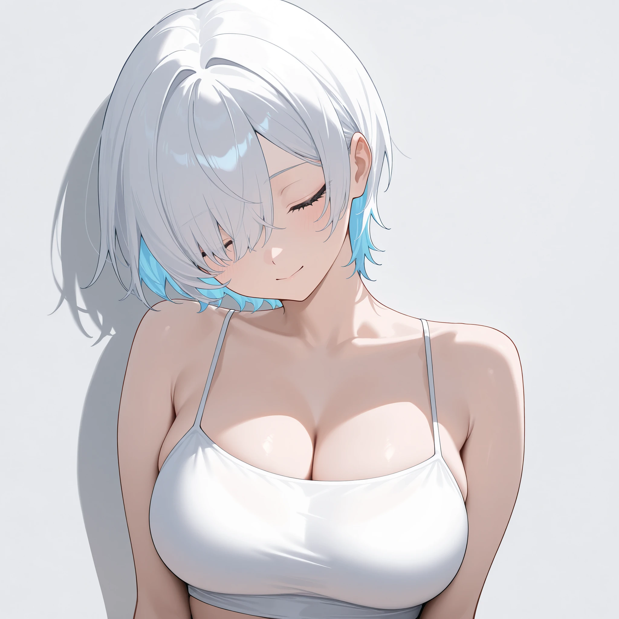 Cute ghost girl, short white hair, yellow eyes, tank top, short pants, big breasts, exposed stomach