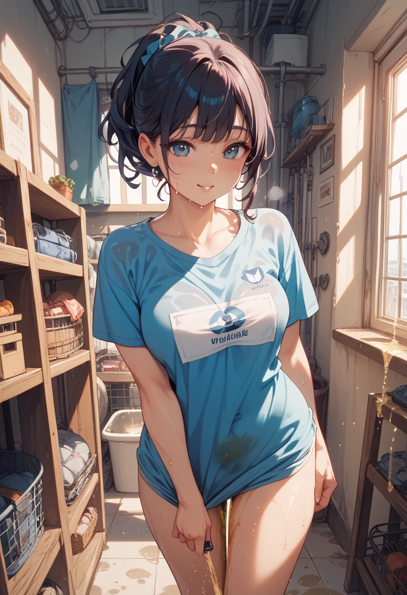 Highest quality、Realistic、、zoom、Primary school students、cute、Light grey eyes、Black Hair、short hair、Tanned brown skin、Dark Skin、Light blue bra with small character print、Light blue panty with small character print、A seductive smile、Flat Chest、。low length、Bust Shot、shower room、