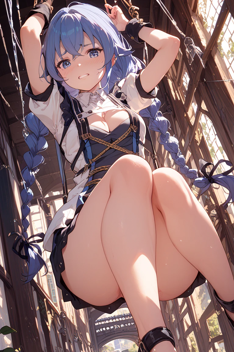(masterpiece), best quality, expressive eyes, perfect face, Hatsune Miku, dominant, from_below, smug, FFA, from below, leg up, sole, feet, looking at viewer, gym clothes, bloomers, baggy shirt