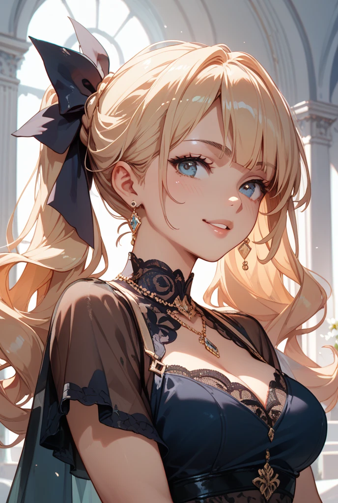 Woman in dress and boots , Baroque Dress, Wearing an elaborate steampunk dress, Elegant Gothic Princess, Victorian Gothic Fashion, historical Baroque Dress dark,Blue Gothic Dress, Fantasy style clothing, Rococo Dress, Black Rococo, Fantasy Costume, wearing a Gothic Dress, Romantic Dresses, Gothic Dress,blonde,,(((Upper body portrait))),blue eyes,city,Big Breasts