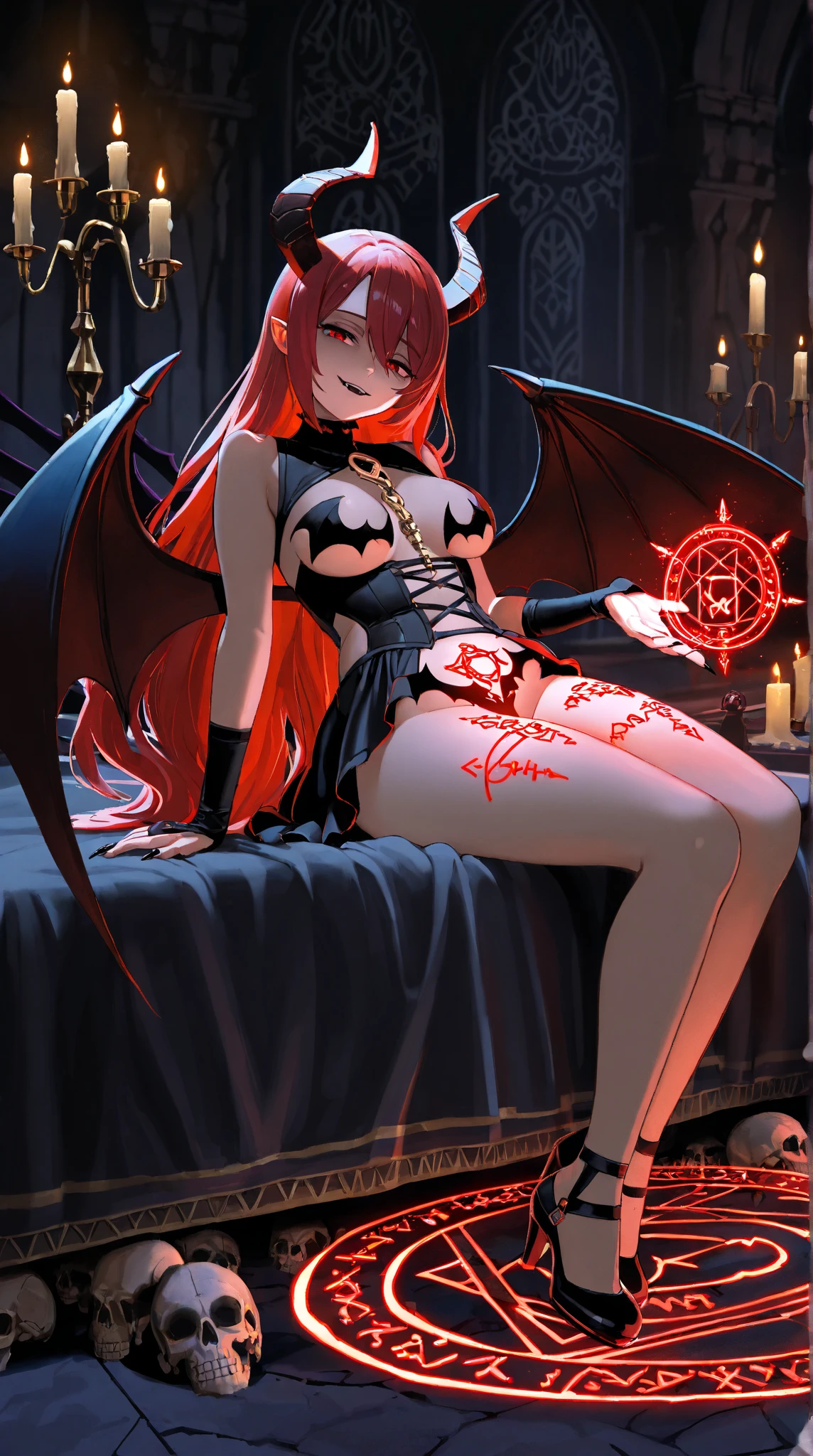 (masterpiece:1.2, best quality),(best illumination, an extremely delicate and beautiful),(best illumination, an extremely delicate and beautiful), (beautiful detailed face), (finely detailed eyes and detailed face:1.2), dark fantasy, (young girl, small beasts, 1girl, solo, crazy smile, pale skin, white hair, red glowing eyes, dynamic angle, vampire), (gaint vampire castle in background),  (red moon, red sky), pointy_ears, fangs, demon wings, demon horns, blood on face, blood rain, blood fog, (depth of field), high contrast, (blood splatter:1.4), cowboy shot, full body, sexy,