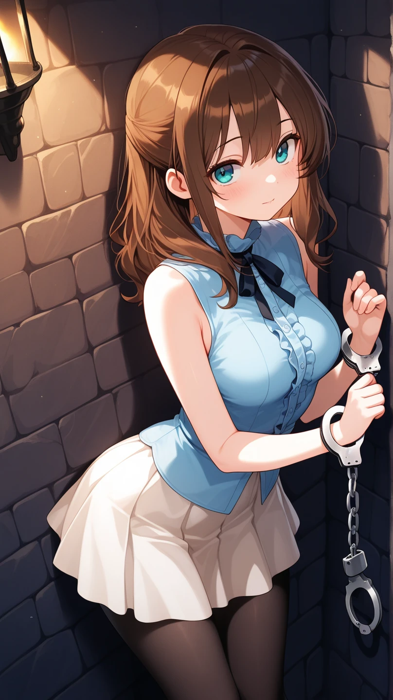 score_9, score_8_up, score_7_up, score_6_up, score_5_up, score_4_up, source_anime, 1girl,lisadef, upper body, smile, blush, brown hair, long hair, green eyes, white gloves, w-w-chain, shackles, spread arms, purple dress, dungeon, best quality, best res, 4K UHD,