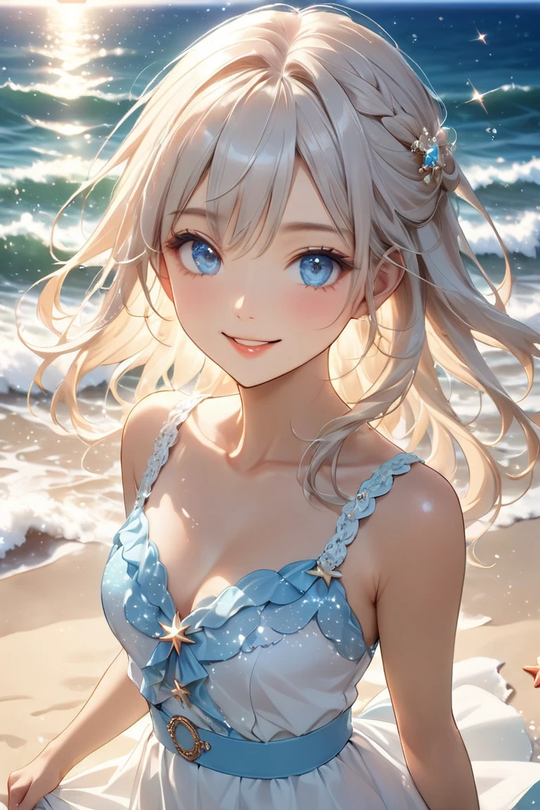 Dynamic、Earrings、necklace、Beautiful glowing white skin,、 bright, Refreshing and gentle look, Perfect beautiful pretty face, Shiny platinum blonde straight long hair reaching down to her waist, Beautiful shiny bangs, （（Very beautiful and beautiful４Year old girl））, eyeliner, so perfect and beautiful, Big clear sky blue eyes, bright eye highlights, Baby Face、Cute smile、Long eyelashes、Cute figure、Looking down on a young girl from above、Swimwear、photograph、high quality、24ｋ、16ｋ、quality、