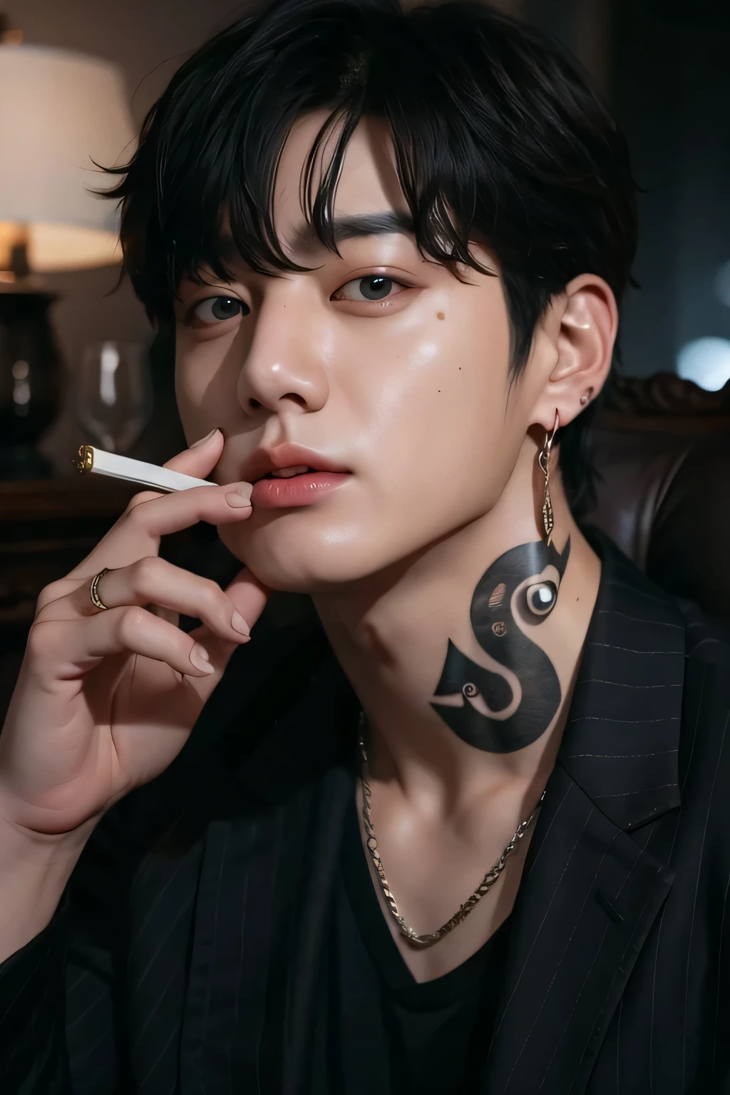 araf man with a cigarette in his mouth in a car, cai xukun, Jungkook, inspired by Jeon Jungkook, korean artist, Jungkook inspired, cute japanese demon boy, inspired by Kim Deuk-sin, JUNGKOOKIE, Yakuza, facial demon, cute sensuality jeon jungkook, freshly cut beard on chin