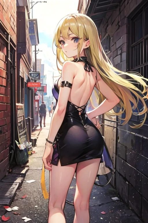 Ryouna_(Senran Kagura), heterchromia, beautiful girl with fair skin, blonde hair, wearing a lustrous black dress that highlights her wide hips, wide shoulders, and big breasts, cleavage, and big ass. She is wearing open-toe heels with red painted toenails and nails. She is a tall girl standing in a crowd, with an ethereal, score_10, ballad-like atmosphere, in a 2.5D style.