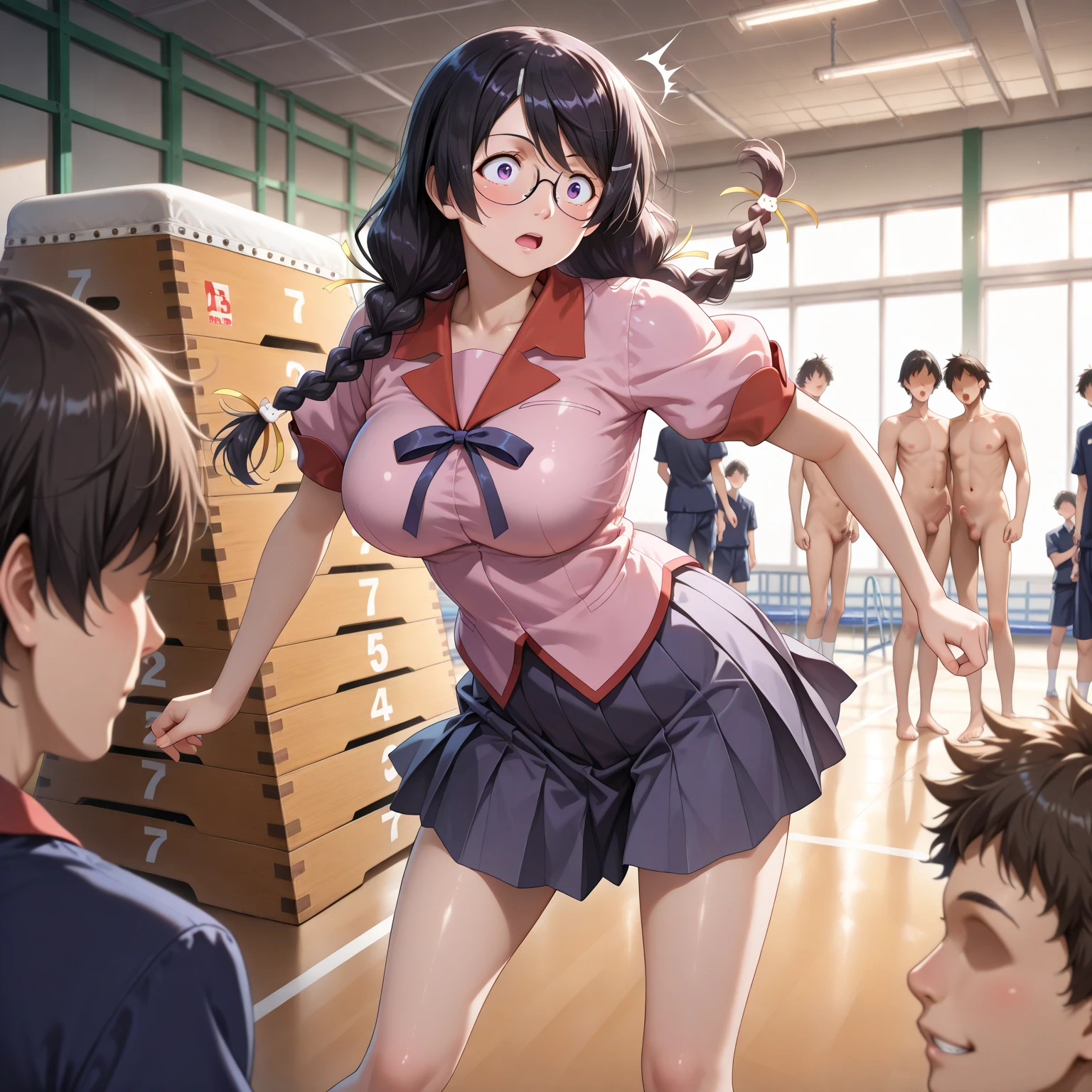 nudist girl、Many elementary school boys hug each other、rejoice out loud、in group photograph、Infirmary beds、dynamic ungle