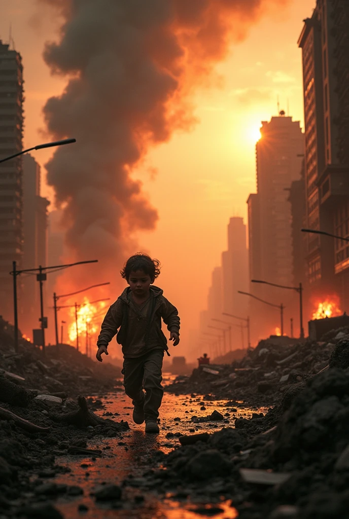 2024; (masterpiece, best quality) destroyed city (Los Angeles)1sad boy looking up(close-up); bombs falling from the sky.; fire around; big explosions.