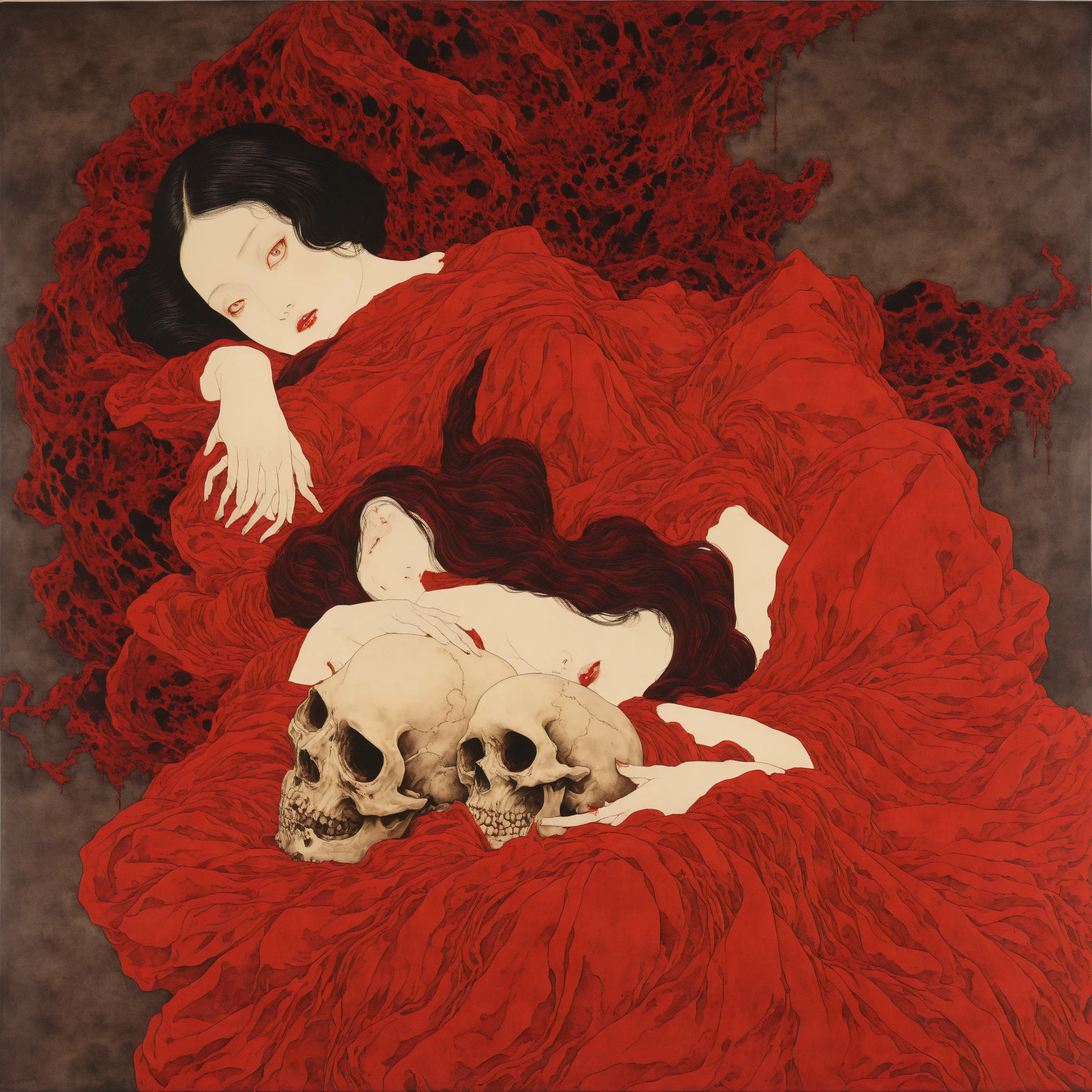 horror painting of young woman cradling a skull surrounded by endless blood red velvet blankets , in the style of takato yamamoto<lora:Takato_Yamamoto_Style:1><lora:Takato_Yamamoto_Style:1>