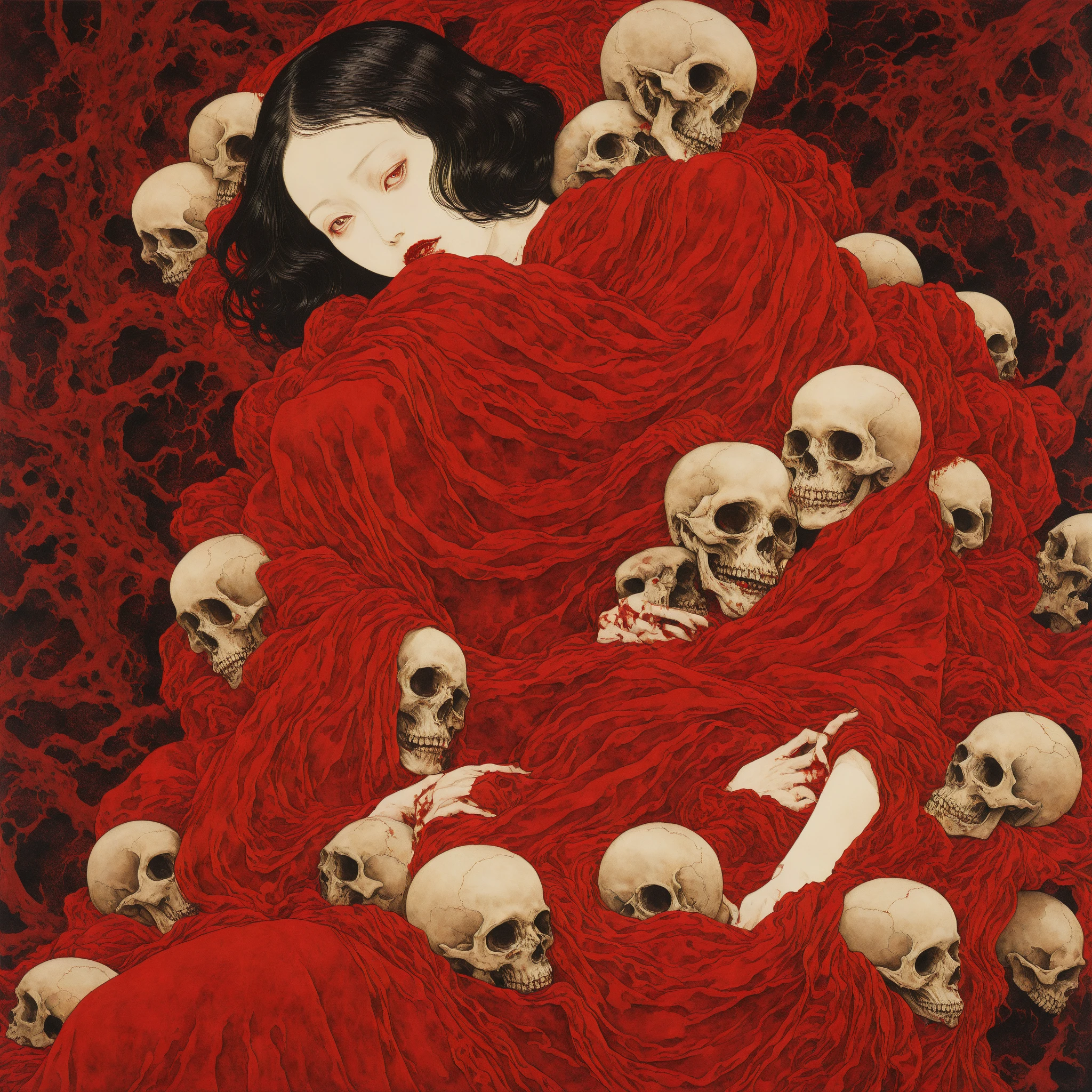 horror painting of young woman cradling a skull surrounded by endless blood red velvet blankets , in the style of takato yamamoto<lora:Takato_Yamamoto_Style:1><lora:Takato_Yamamoto_Style:1>