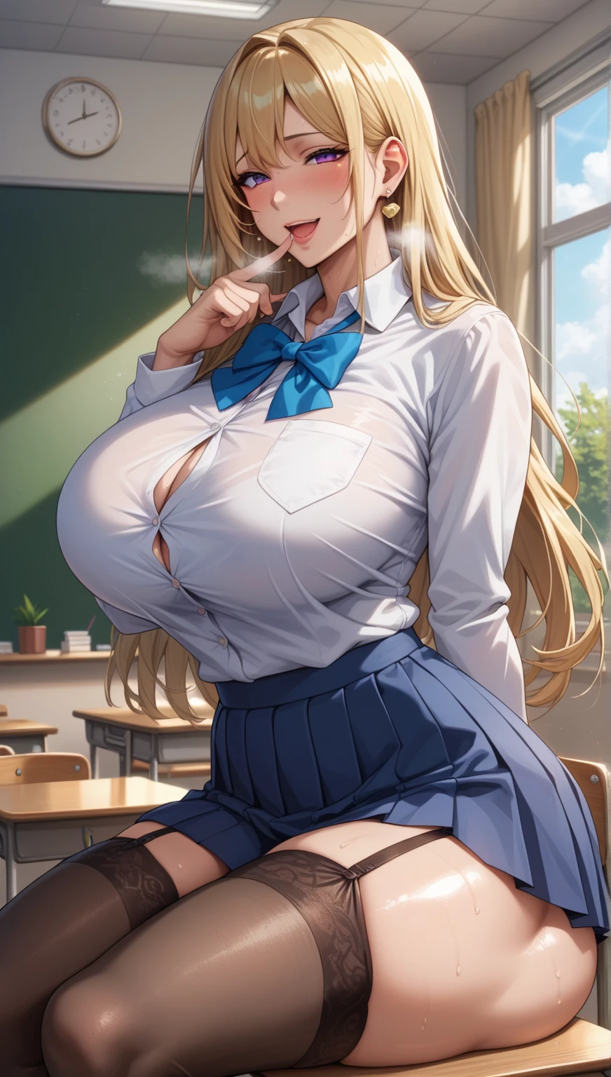 (masterpiece:1.2, Highest quality),asuna,1 girl,Complete limbs,Bangs covering one eye,(Sit at a desk,spread legs,from below),Classroom Background,Full Finger,lip, Beautiful face in every detail,Curvaceous physique, Cleavage, Blushing, Captivating eyes,(Huge breasts:1.5),Beautiful face in every detail, Married woman atmosphere,30 years old,Beautiful busty woman:1.3,((White blouse,Pleated skirt)),sunset,Sexy pose,erotic,(Happy,A light smile), Perfect body,Voluptuous body, Bent body,Naughty anime style, Plus Size Model, Sloppy body,Erotic manga style body