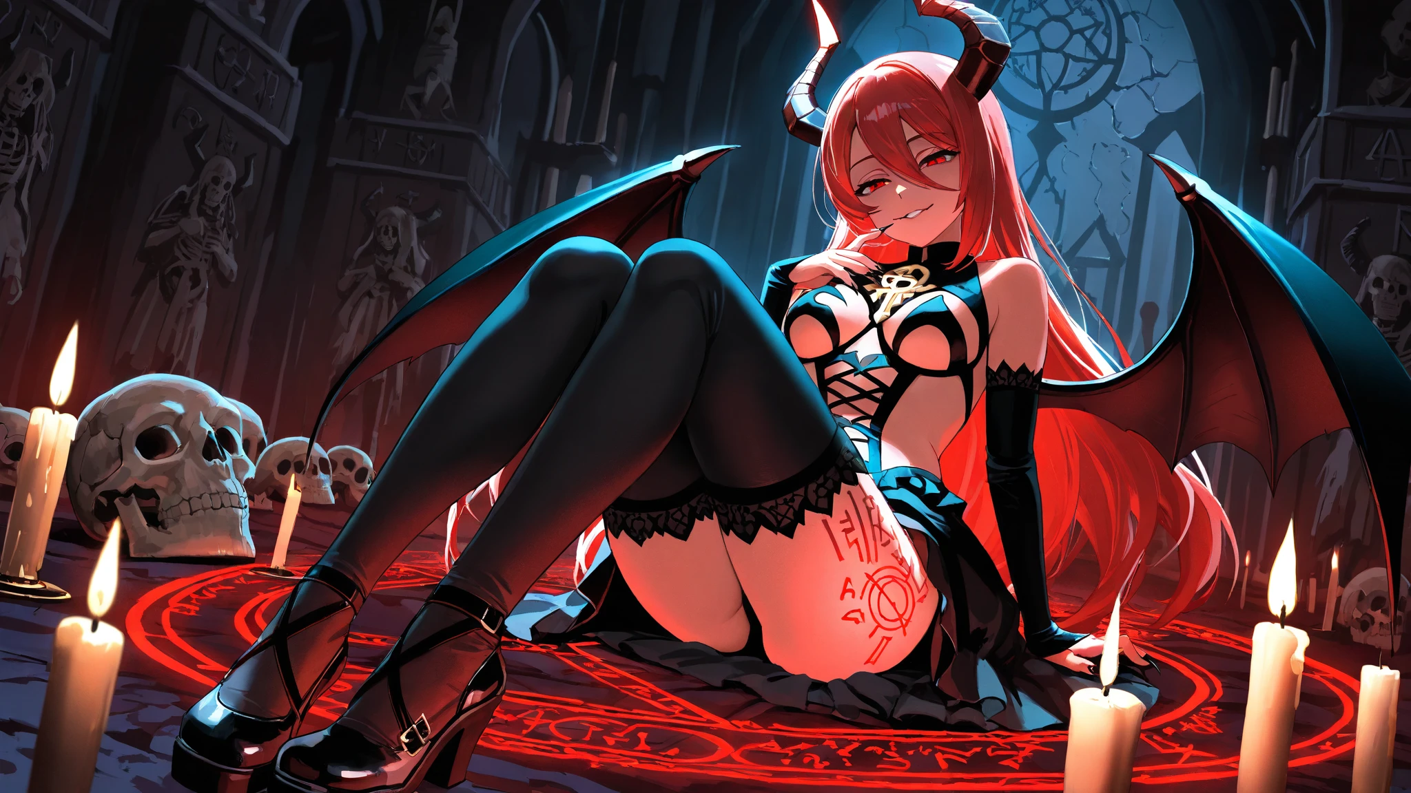 a horned demoness wearing an succubus dress is tied down with chains, demon tails, her wings tied behind her back, pink long hair, red eyes, expressionless, long twintails cut, looking at viewer, fire in background, chromatic aberration, demon horns, succubus, goddess, lingerie, devil, huge breast, wavy hair, sexy, red and black costume color, full body, detailed costume, angelic demon