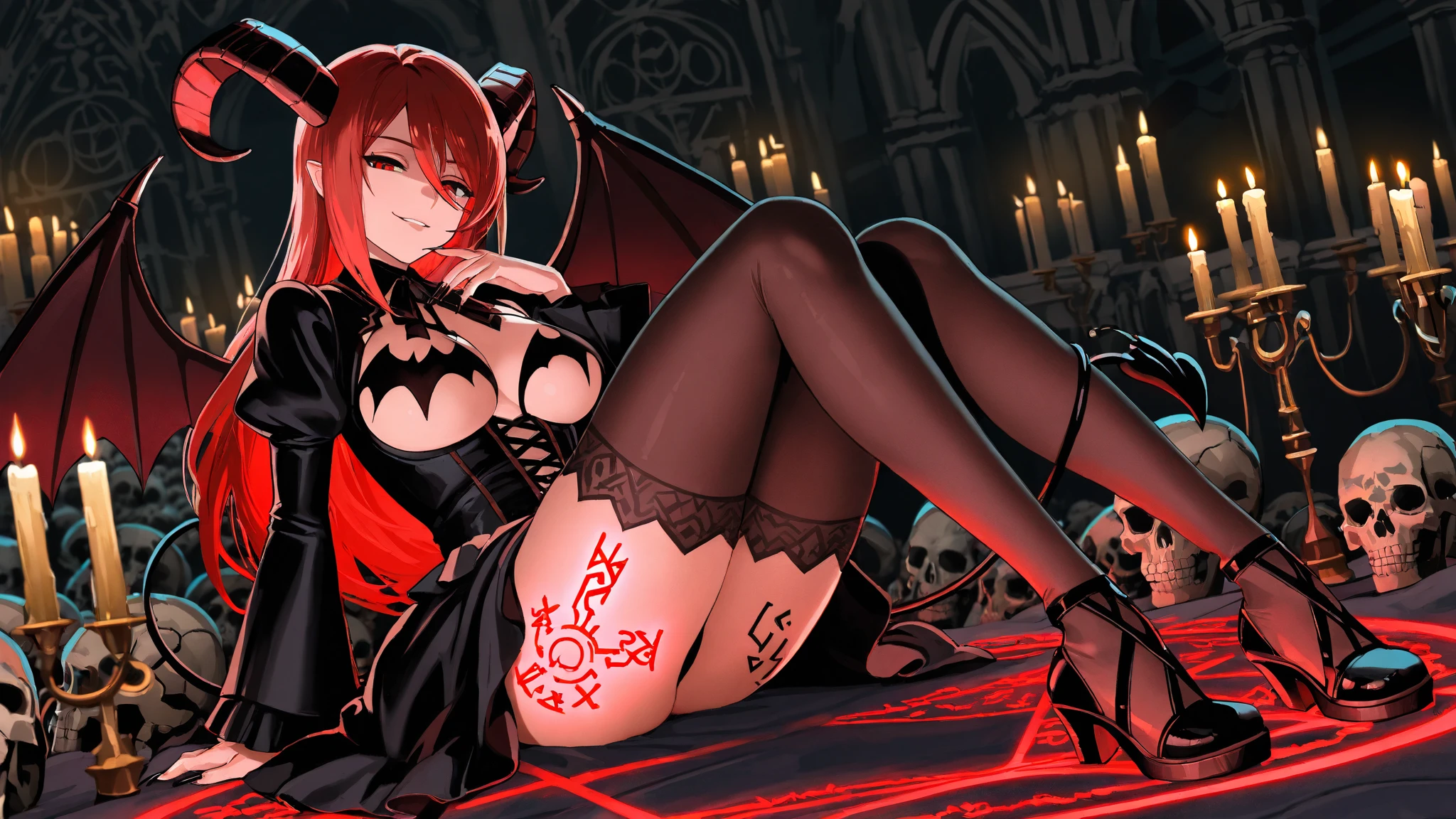 Highest quality, masterpiece, One Girl,Not beautiful, Red Ponytail, Long dress, brooch, Hair Ribbon, Black knee socks, Standing on the rubble, (Wicked Smile:1.1), ,,Dark shadowed face,Sadistic smile,Malice,Contempt,smile,latex,Bad face,,Red Skirt,two hands,two legs,five fingers,evil background,elbow gloves,latex, Wicked Smile, devilish aura (Shiny fabric:1.5),Dark world background,独奏,