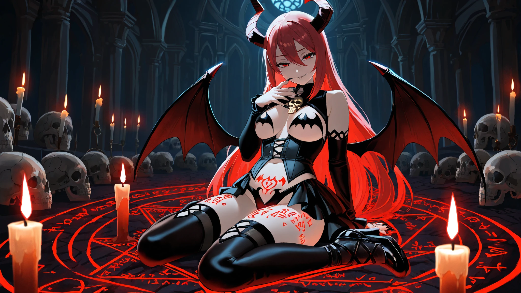 a horned demoness wearing an succubus dress is tied down with chains, her wings tied behind her back, pink long hair, red eyes, expressionless, long twintails cut, looking at viewer, fire in background, chromatic aberration, demon horns, succubus, goddess, lingerie, devil, huge breast, wavy hair, sexy, red and black costume color, full body, detailed costume