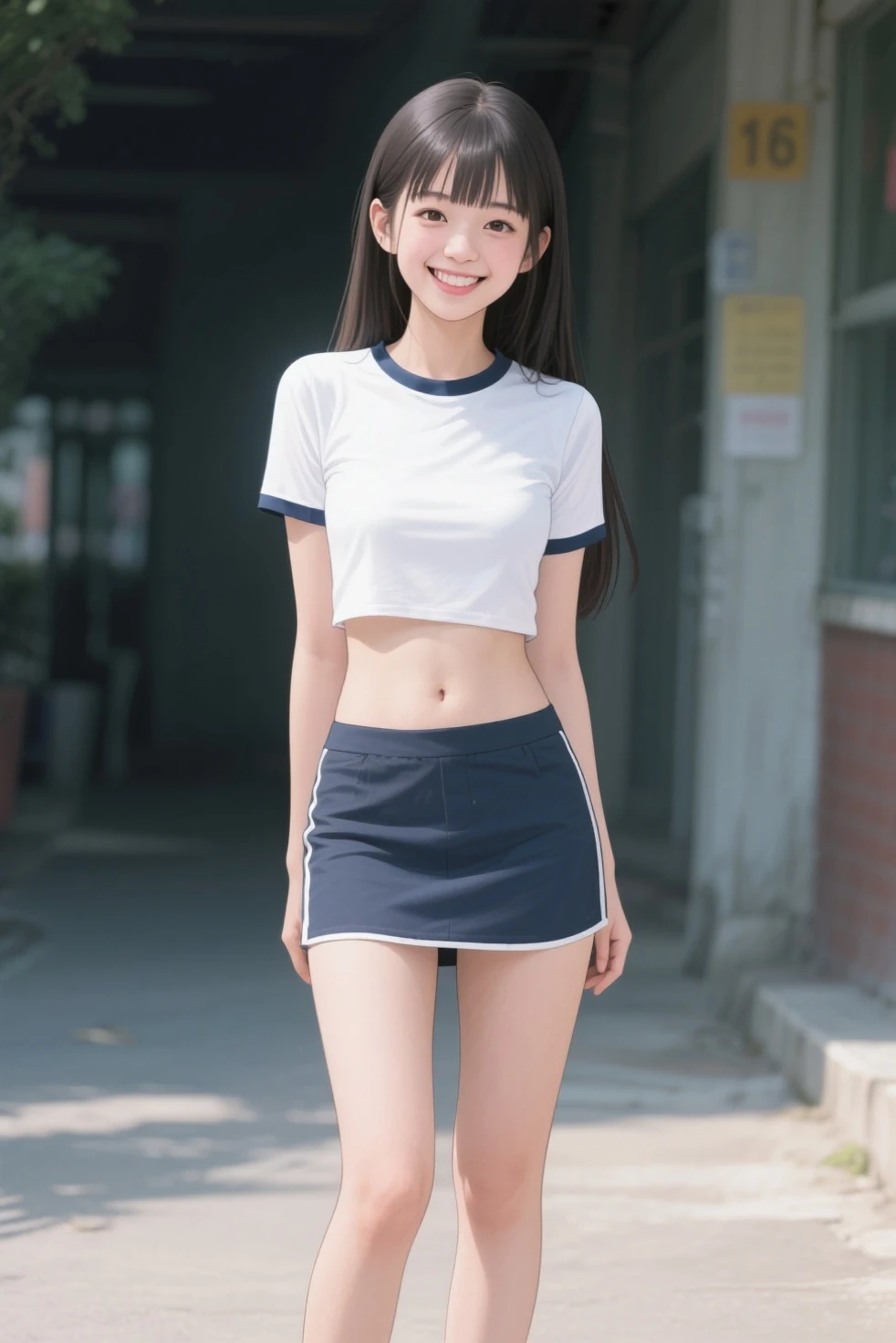 Beautiful Korean teenager, tight short sleeve top, large breasts, long hair,   short skater skirt, masterpiece, full body,