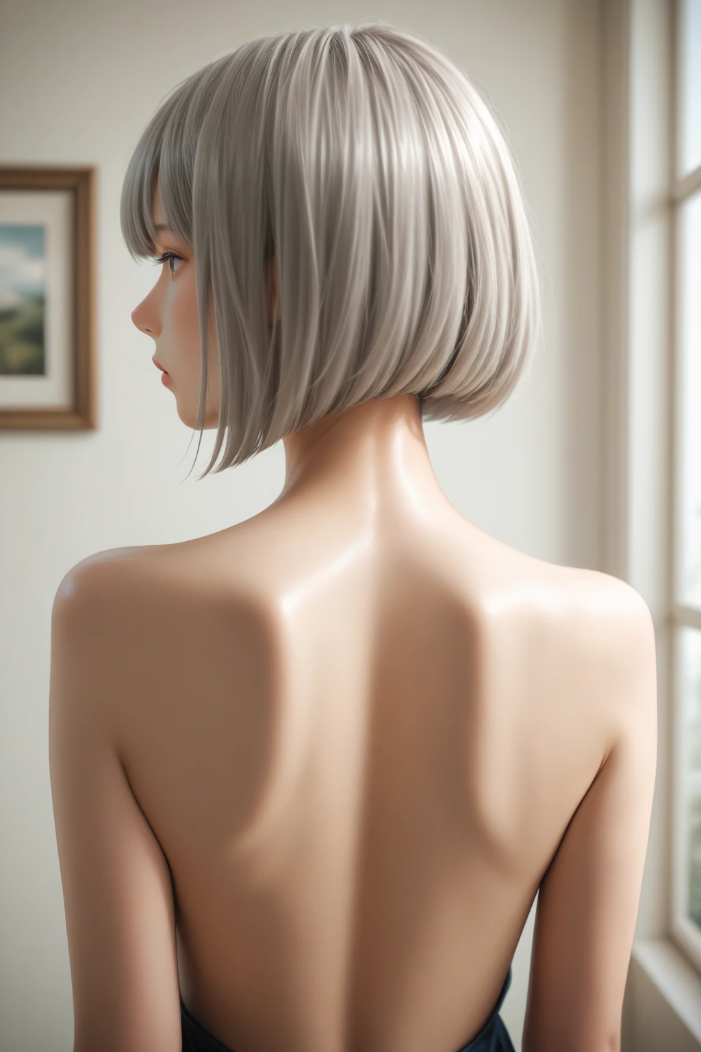 8K, Top Quality, Intricate Details, Ultra Detail, Ultra High Resolution, Masterpiece, close up shot, shot from behind, (Looking back), (full body: 1.1), Slender, Smile, smirk, (Makeup: 0.4), ,(( bangs, blue eyes, blue hair, bangs, , )), (Fluffy Eyes: 1.21), (()), 1girl, solo, 1 girl, (()), close up shot, , ((tall)), (((fit body))), (((slim face))), sharp face, ((walking pose)) ,(detailed face), sharp face, small lips, , ,(( ass , butt cheek,)) ,, ,
((, , wind blow hair, )), , ((naked, nude, )), detailed face, detailed breast, large breast, huge breast, detailed ass , detail nipples ,, Narrow Waist, Skinny, tall , 190 cm tall, Muscular, Navel, Exposed Abdomen, Pointed Chest,, Beautiful girl with accentuated slender abs: 1.4, Six Pack Abs: 1.4, , Perfect Body, detail legs, (( dark background)), black background,