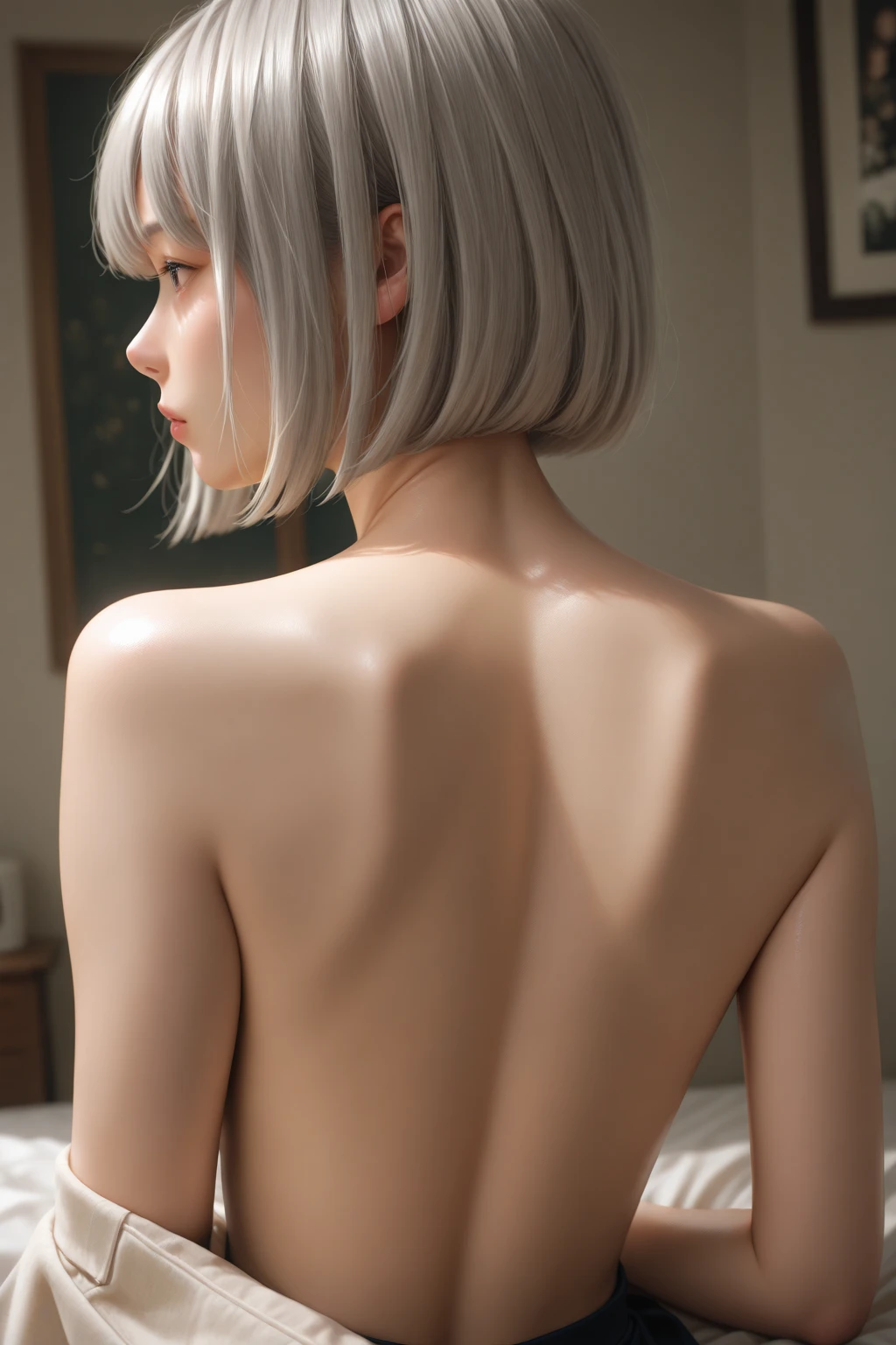 highest quality、ultra high resolution、(photorealistic:1.4)、((full nude))、beautiful eyes、blonde、brown eyes、beautiful breasts、detailed skin、thin pubic hair、NSFW, 8k quality, 8K Ultra, pixel up 10 times、Super detailed cute face、detailed lip、detailed eyes、double eyelid、natural makeup、(kind eyes)、(super cute girl)、perfect balance、small tangled naked short hair、((Black background))、((Stand with your buttocks facing us))、With your back turned