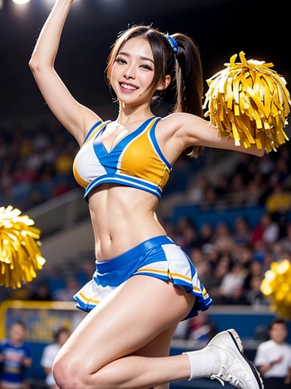 A beautiful woman cheering at night
