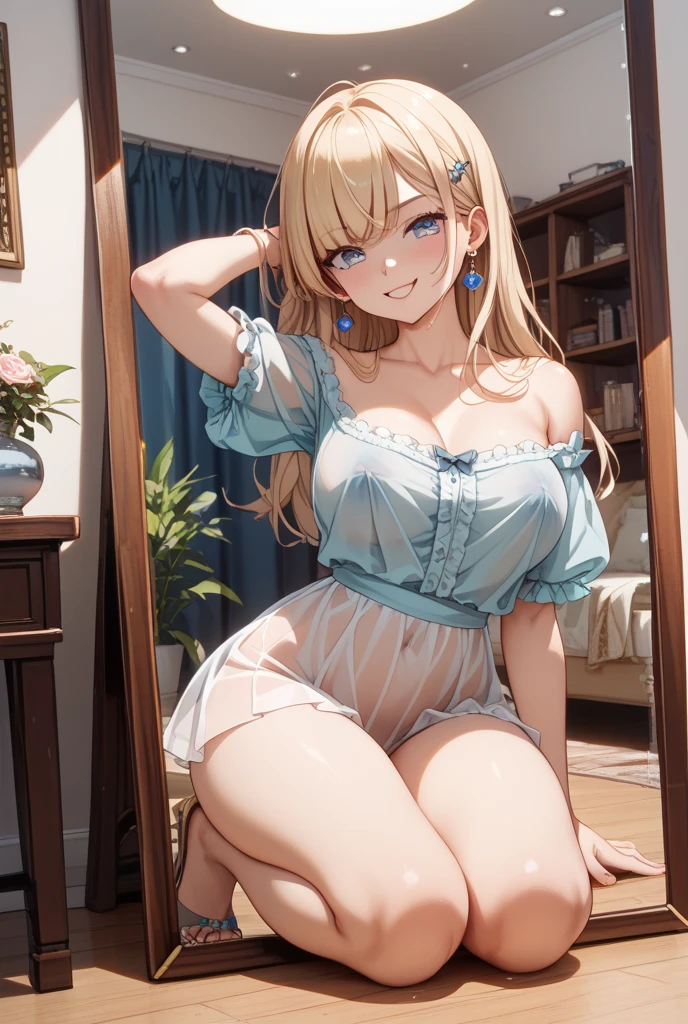 eririspencer, eriri sawamura spencer, blonde hair, blue eyes, blunt bangs, hair ribbon, hime cut, long hair, twintails, full body, full pose, ((medium BREASTS)), ((smile)), teeth, Grimace, ((kneeling)), ((black pantyhose)), ((blue lace bra)), ((blue lace panties)), ((looking at viever)), ((living room background)), BREAK (masterpiece:1.2), best quality, high resolution, unity 8k wallpaper, (illustration:0.8), (beautiful detailed eyes:1.6), extremely detailed face, perfect lighting, extremely detailed CG, (perfect hands, perfect ???????),
