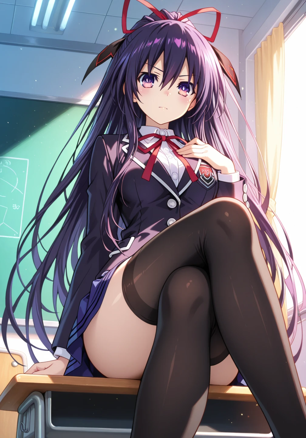 Glasses、(((spread legs)))、uniform blazer、(Panty shot)、、Beautiful girl magician、purple hair long、((whole body))、(((photo taken from below)))、school gate