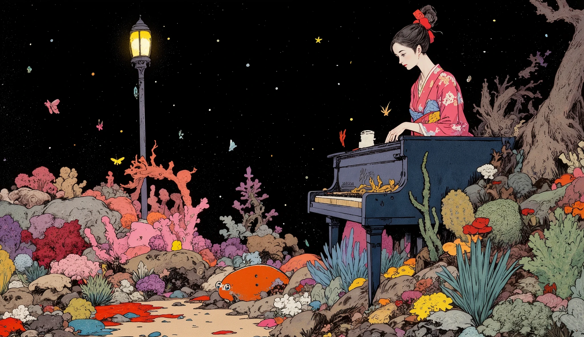 close-up Ukiyo-e of a woman playing a grand piano in the deep sea,シュールで Beautiful Art ,A colorful glowing coral reef ,A large group of bizarre deep-sea fish,One street lamp shines a warm colored light,butterfly,Creepy art , Depicted on a black background , Amazing Art , hallucinatory cactus ,turtle,Air bubbles, surreal dark art ,memento mori , Beautiful Art , Amazing Art , Dark Dream Scenery ,Dark surreal art,Luminescent lantern, monkfish