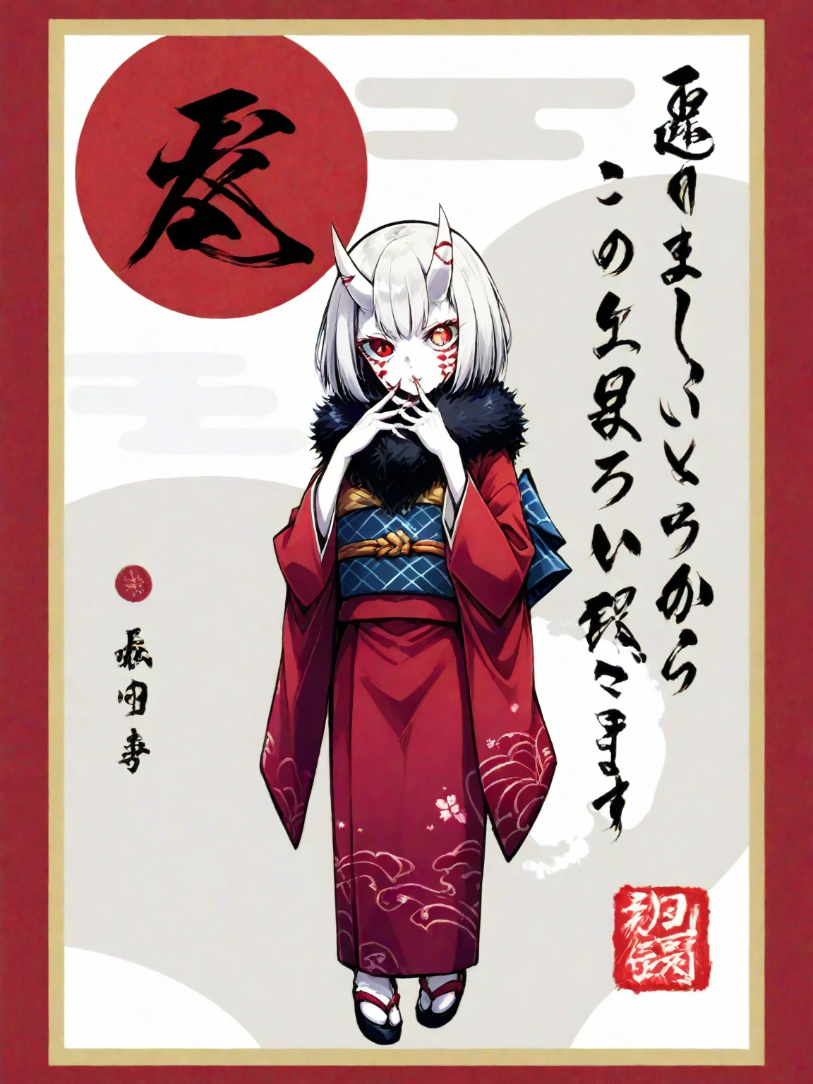 Kimono, Female, Edo Period, Japanese Background, Demon, Grey hair