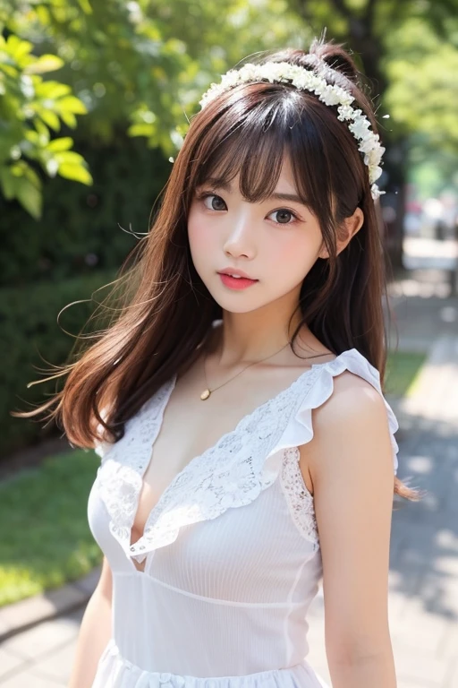 smile,((NSFW)),(best quality:1.2), Female dog,(female organ:1.1),8K, Raw photo, beautiful sexual woman, ((You can see her naked lower body under her clothes.、股間のfemale organが見えている:1.3)),detailed face and eyes,((alice in wonderland:1.3)),whole body,amazing,A fairy tale and unreal world、In the garden