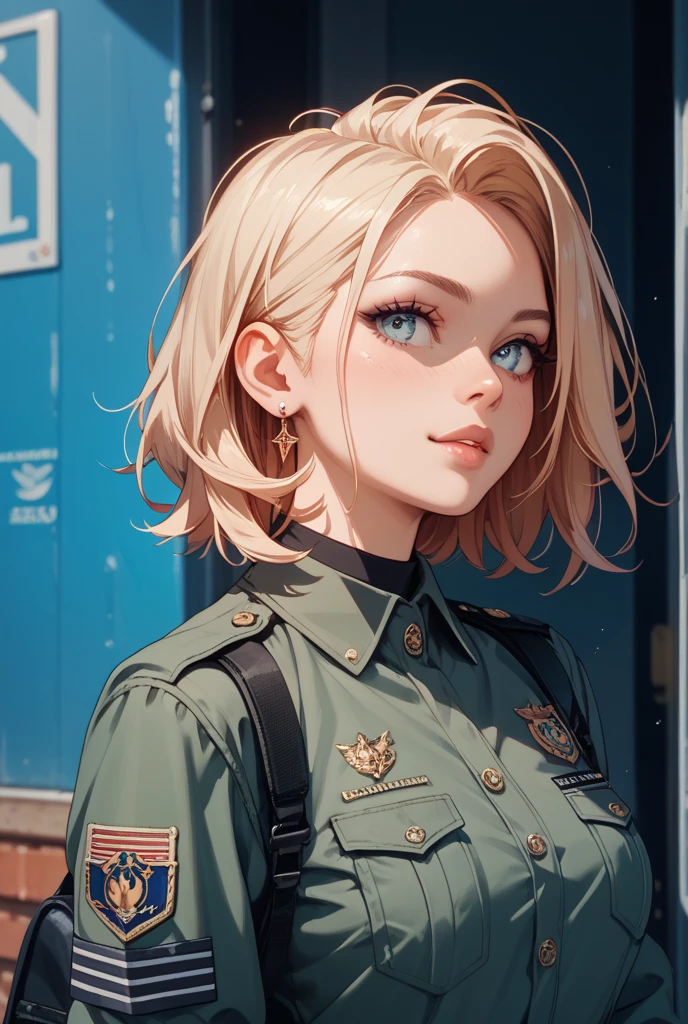 black woman, light smile, glowing skin, better quality, illustration, (realistic:1.4) 여성 soldier, female officer, soldier, military uniform, Permed hair, silver hair, black eyes, short hair