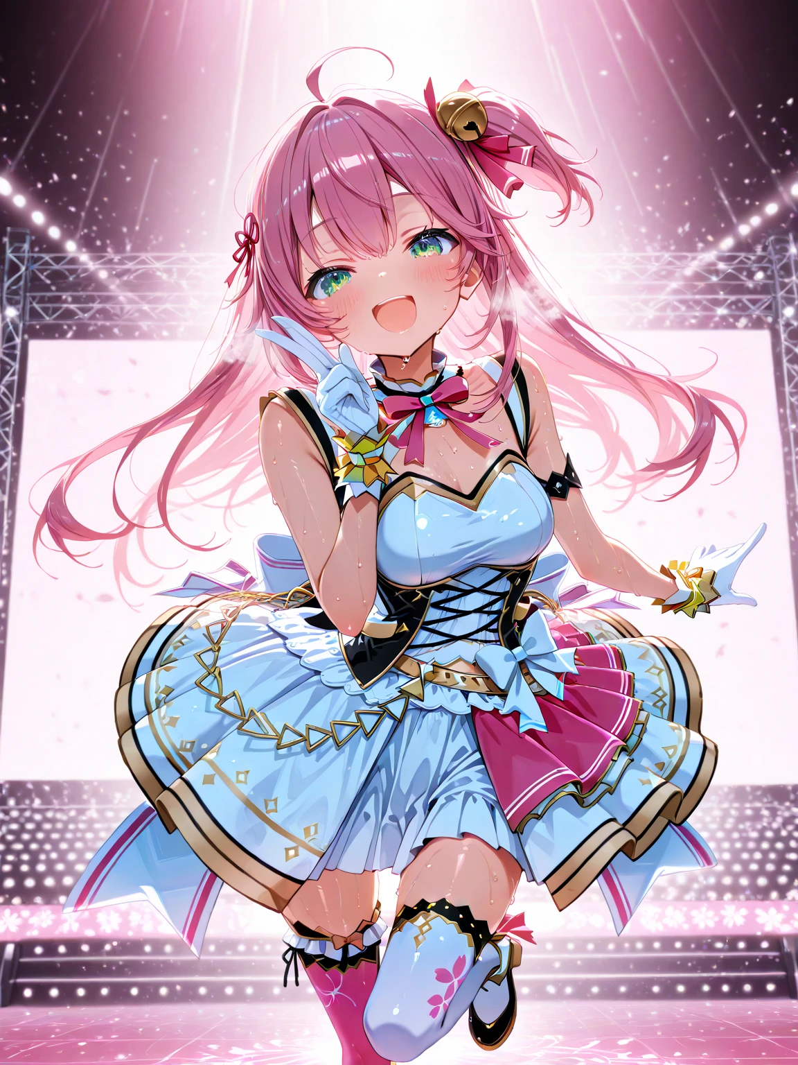 Masterpiece, ((((Detailed eyes and detailed face: 1.2), Dynamic Angle, ((((Detailed eyes and detailed face: 1.2)))))), (Perfect human hand, super detailed human five fingers)))), ((Perfect human foot)), Upper body, 1 or 2 girls, Smile, Wolf ears, Wolf tail, Pink eyes, hair between eyes, (Wink))), D cup, cleavage, striped hair, ( (Variegated hair color: 1))))), ((((Random hair color: 1)))), Variegated hairstyle: 1, twin tails, ultra-detailed gradient hair, ((T-shirt with kagenari letters)))), professional designer, fashion leader, ruffled dress, love live, jewelry, backstage, best stage, climax, professional stage, ( Holding the microphone with your left hand and singing emotionally, overflowing emotions, the best smile))), singer, vocalist: 1, idol, diva, professional stage, professional lighting, live lighting, averting gaze, fan service: 1, ((((satellite photo seen from the audience)))), ((((Panchira, cute panties))))