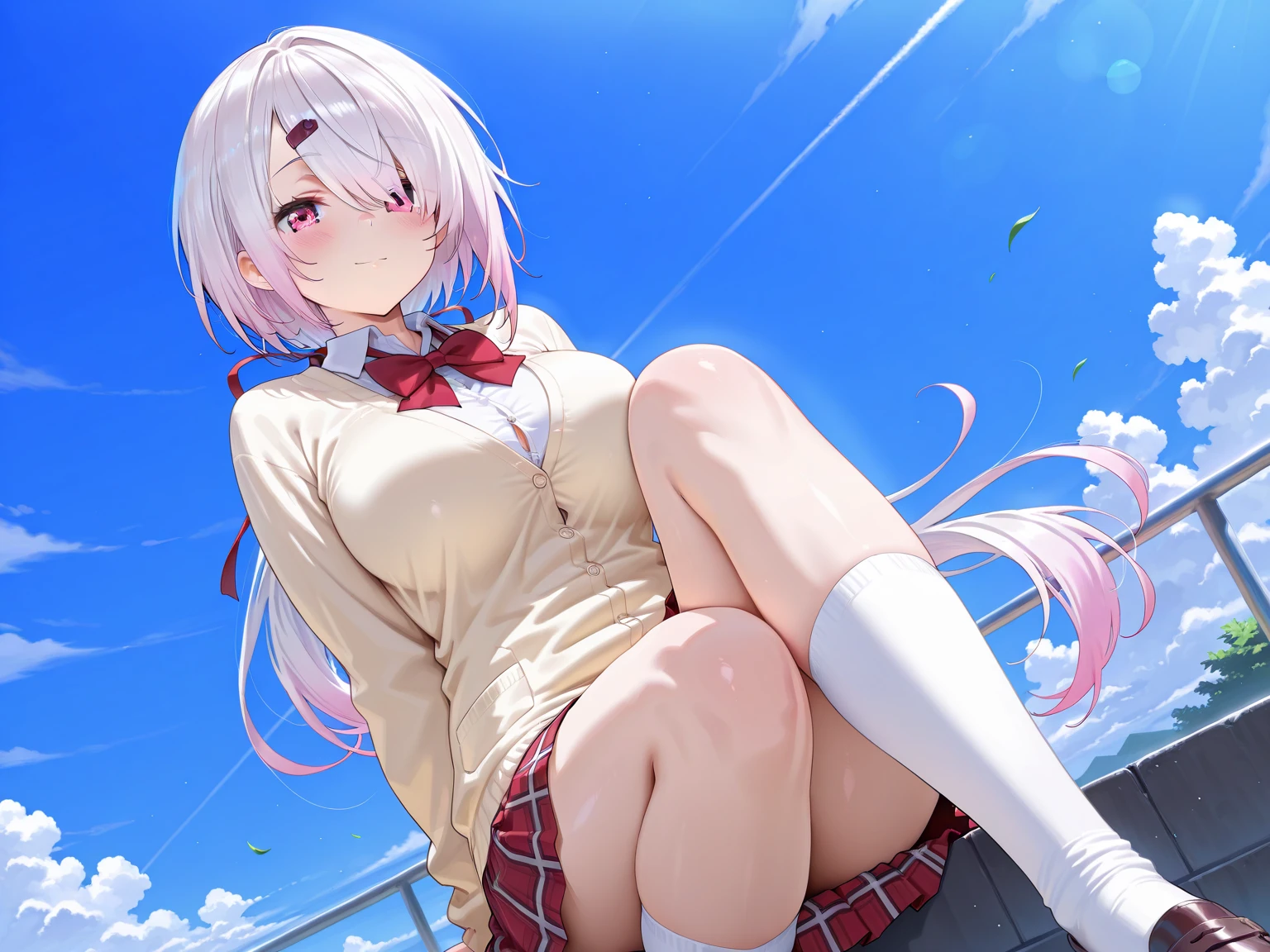 masterpiece, highest quality, High resolution, short hair, Long Skirt、Drooping eyes,Outdoor,barefoot,Looking up,Embarrassed face,Angle from below、Big Breasts,Spread your legs、wear ski wear、White underwear、See-through、Pink Hair、White knee socks、Peace sign next to face,snow