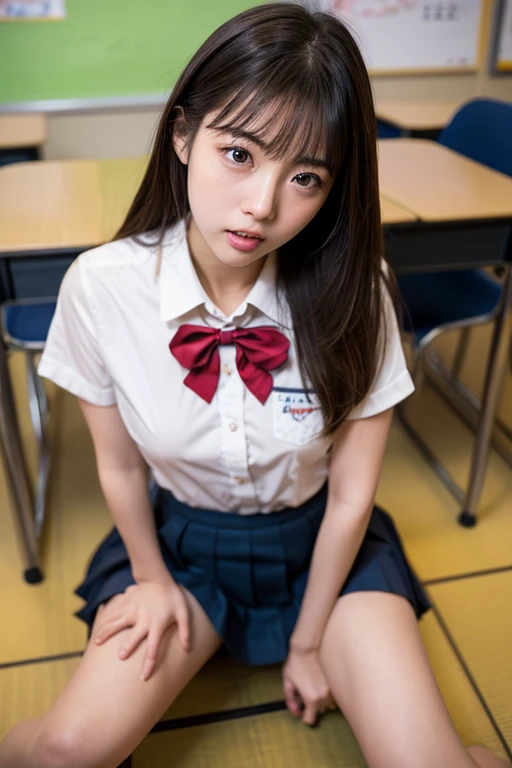 High angle shot、Center View、Asian woman in a short skirt and bow tie sitting on a train、Cute school girl、Japanese girls uniform、Wear Japan 、Japanese 、Surreal 、Dressed as a high school girl、Surreal 、Wear a uniform、Realistic high school girl、Girl in uniform、Wear a uniform、 stop temporarily、Ezvian everywhere、Beautiful Skin、Glowing Skin、Nice thighs、Shining thighs、Shining Legs、barefoot , Japanese High School 、Nogizaka idol、Korean Idol