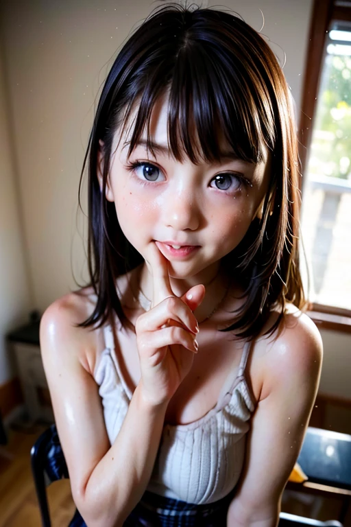 NSFW, 8k, High-level, absurd, masterpiece, best quality, primitive, very detailed CG, very detailed wallpaper, perfect lighting, Extremely detailed (((The personifying " Chibi Maruko-chan " as a Little Girl))), MysticSight, Tyndall effect, Tyndall scattering, Studio gray background with (many Dazzling RainbowColor particles BokeH:1.28), (RoundlyButts, ThighGap), (Exposed:0.4), (Assfocus with looking ahead), BREAK (NOGIZAKA face variations) Extremely Detailed very KAWAII face variations, perfect anatomy, Childish, captivating gaze, elaborate detailed Eyes with (sparkling highlights:1.28), long eyelashes、Glossy RED Lips with beautiful details, Coquettish tongue, Rosy cheeks, Radiant PearlSkin with clear transparency . { (Dynamic LifeLike expressions:1.4) | :d) }, (large eyes:-1) .