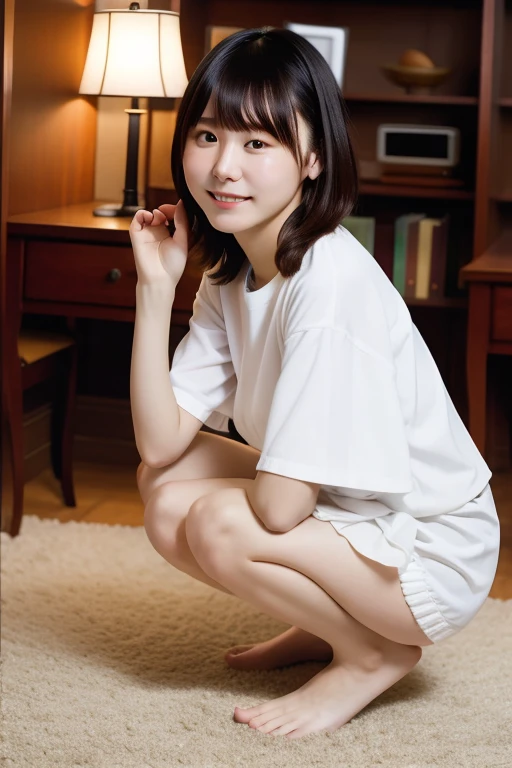 One girl, short hair,Black Hair,smile,Inside the room, summer,bed,Sit down,18-year-old,skirt,Down to the feet,Look at this,transparent, (masterpiece, Highest quality), Soft Light, Structure of the film, Information like a movie
