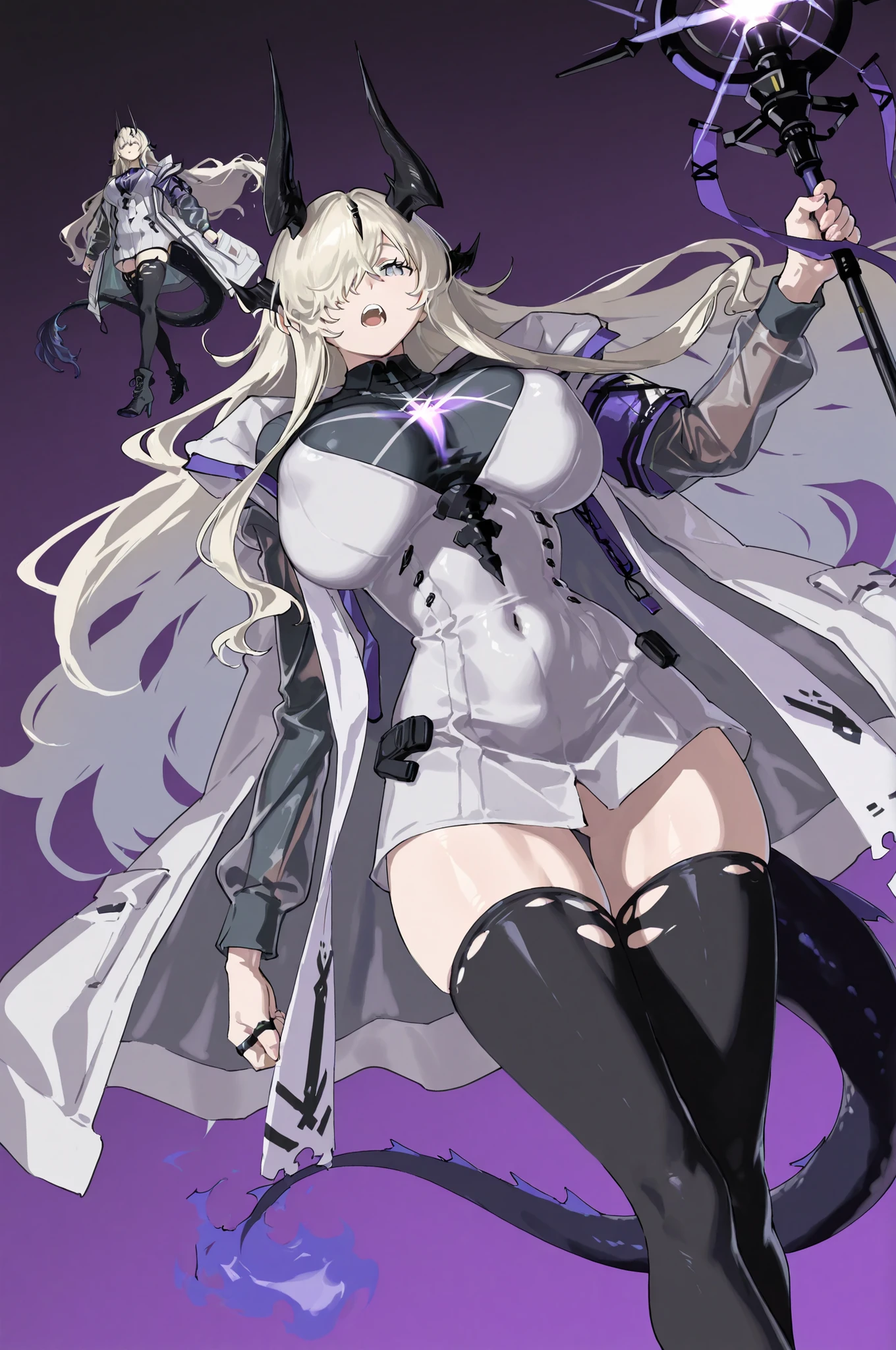 night,upper body,cinematic angle,wide angle,(necrass (arknights),eblana (arknights),arknights,one piece, elite_ii_(arknights),long hair, hair over one eye, horns, dragon tail,stylish)),(painterly,pale colors, cel shading,anime coloring,high detail,highly detailed,game cg),{artstyle: iwao178,Yoneyama Mai,cirenk,zenless zone zero,nia4294,ebora,biya (1024),baffu, hitoyo,professional artist,detailed anatomy},masterpiece, best quality,mature woman,mature female,1girl,female focus,multiple others,(huge breasts:1.7, perky breasts), small waist,narrow waist,navel, linea alba,slim body, tall body, golden ratio composition, floating hair,wind, open mouth, speech, talking,military background, warship, staff, rings, purple theme, commanding pose, detailed background, adnec, white coat, flame tipped tail,white dress, white jacket, black sweater, chest glint,short dress, purple armband, torn thighhighs, see-through sleeves, long white stole, high heel boots, tanks,sunray, sunshine,