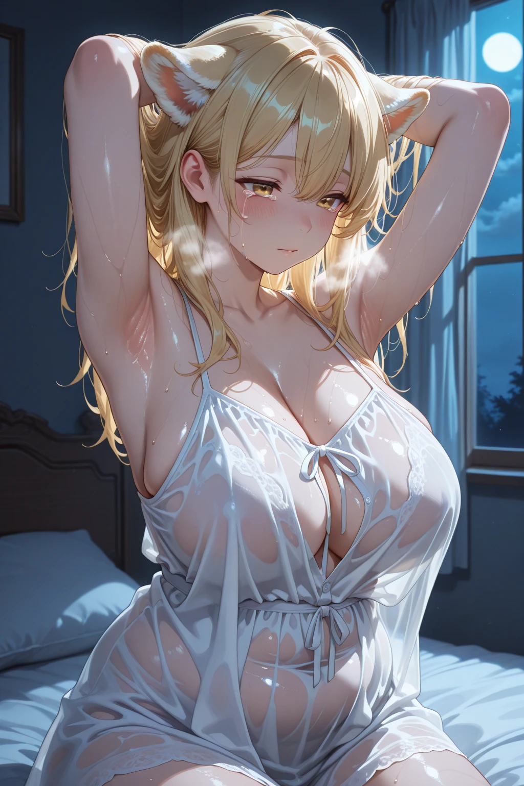 Adult woman, ((((super big)))), lower breasts, side, perfect body, outstanding style, tearing breasts, emphasizing breasts, ((cleavage)))), ((((breast pocks stand out)))), gravure pose, ((((transparent white nightgown)))), sweaty skin, blue eyes, chignon, blonde, bangs, luxury hotel, bedroom, bed