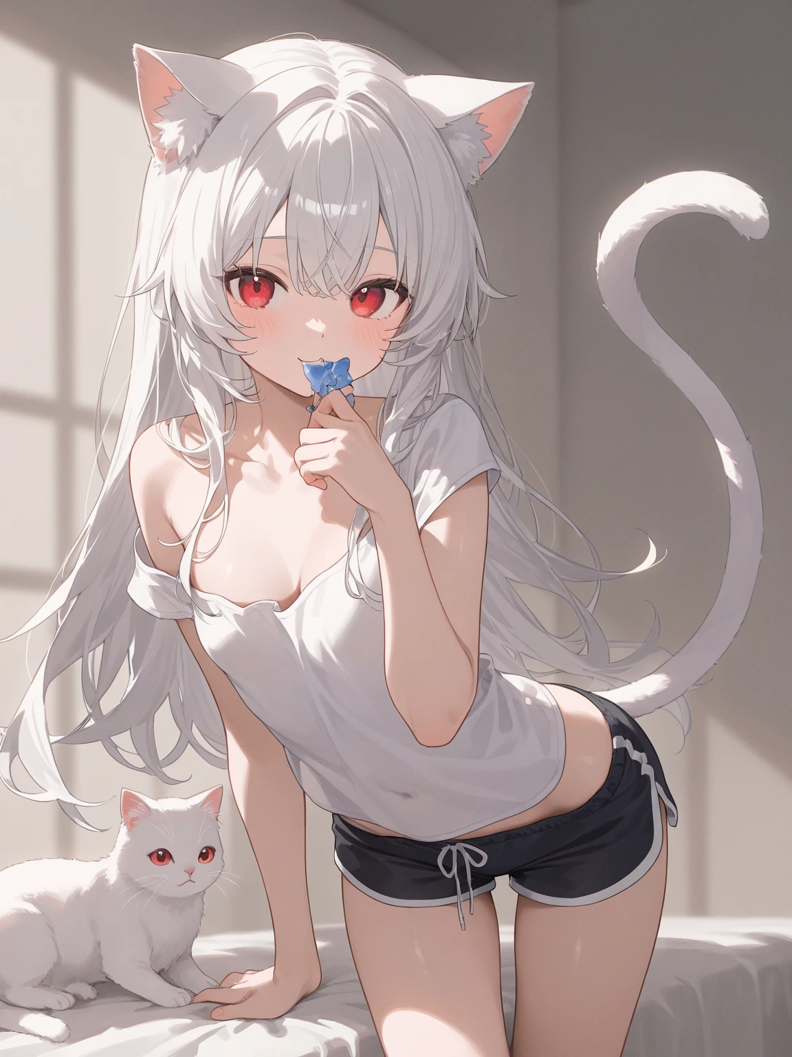 ((Masterpiece)), ((best quality)), (Anime:1.4), (super detail:1.2), (High Definition:1.3), (Professional Photography:1.3), (wide shot), (sharp focus), (perfect light), ((12 years old)), ((1girl)), put on cat ear, fullbody, (pastel color), (watercolor), white back ground, cute, sharp teeth, open mouth wide, (blush), ((scowl face)), ((Break-dance pose)), (Tattered crop top), denim shorts, pale brown hair, wavy long hair,