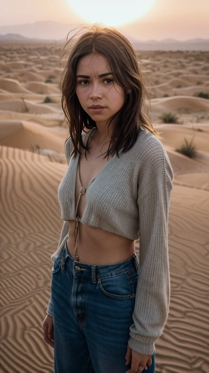 SEXY TOP, small breast, gloves, serious face, black cargo pants, combat knife, desert scarf, scarf covering mouth, desert oasis, extremely detailed eyes, extremely detailed face, best quality, extremely detailed, ultra-detailed, (realistic, photo-realistic:1.3)