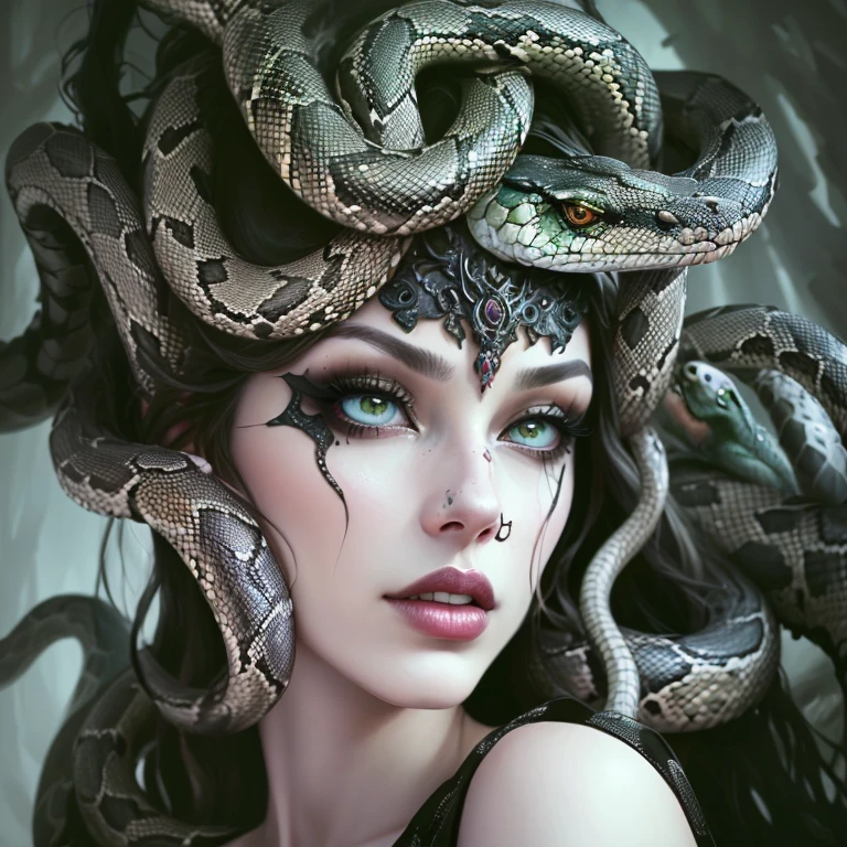 a closeup of a snake woman, her many snakes for hair, beautiful female Gorgon, dark queen of snakes, Gorgon, fierce medusa, female medusa snakes for hair, Goddess Eldritch, medusa, snake woman hybrid, lamia, Goddess of Horror Eldritch , evil godess, Queen of Snakes, snake woman, Goddess Hecate, her many snakes as hair;