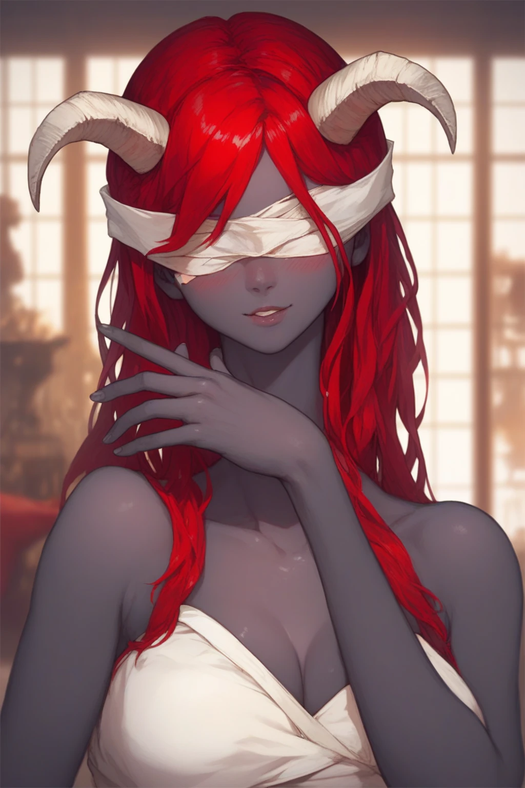score_9, score_8_up, score_8, score_7_up, score_7, score_6_up, score_6, score_5_up, Score_5, girl,black skin,red hair, long hair, high twintails, beautiful face,  double braid , long smooth hair,  narrow hips , sexy lingerie, white thong, juicy ass, sexy adult  , posing , fullbody portrait Taking_off_top, phase4, undressing, arms up, white lace bra