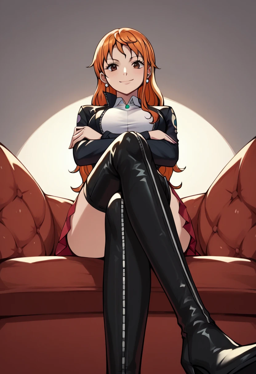 Girl, smile, red lips, big nose, big tits, big , long hair, orange hair colors, fair skin, black lingeria colors, black stocking colors, black pntyhose colors, beautiful girl, sexy girl, sexy pose, foot pose, feet pose, foot focus, feet focus, sexy girl body, realistic pose, in room pose, gaze looking at the camera, 