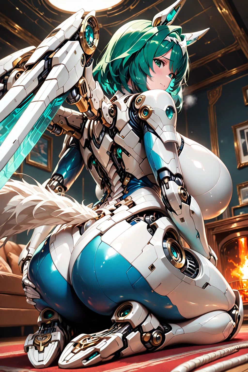 (NSFW, Top-quality, Super high resolution, Masterpiece, Highres, 8k, UHD, Detailed lighting, Shaders, Realism, highly detailed CG illustration), 1girl, Solo, (The ultimate beautiful girl, Very beautiful face), ((an extremely delicate and beautiful)), cinematic light, ((1mechanical girl)), The most beautiful platinum blonde hair in the world, (cowboy shot:1.2), (machine made wings, machine made joints:1.2), ((machanical limbs)), (blood vessels connected to tubes), (mechanical vertebra attaching to back), ((mechanical cervial attaching to neck)), (Big breast, Voluptuous, Plump, Chubby, Thick thighs, Big ass), Glowing big beautiful light blue eyes, expressionless, (wires and cables attaching to neck:1.2), (wires and cables on head:1.2), (character focus), science fiction, extreme detailed, colorful,highest detailed, loongs, fengs, background, (From front, Close-up:1.2)