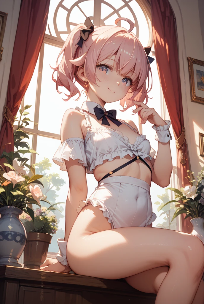 Pink Hair, Pink Eyes、girl、Small breasts、Hair Bun、girl、Small breasts、Bright smile、Looks about 15 years old、Petan Musume、He is short、Eye highlights、Sexy thighs、In underwear、Wearing sexy underwear、