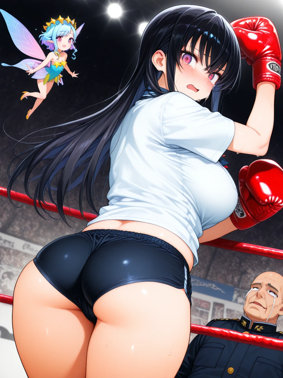 (((masterpiece))),(((best quality))),(ultra-detailed,high resolution:1.2),(illustration),((an extremely delicate and beautiful)),(detailed background), ((sex,sex from behind)), all fours, ((grab her hip)), ((((motion lines)))), (((wrestling ring))), ((1girl)and(1boy)), hetero, (1girl,tall stature),((((Bronya Rand/(Honkai:star rail/)))),official alternate costume, (slender body:1.4), (long hair,drill hair),grey hair,hair between eyes, grey eyes, (large breasts), pale skin,shiny skin, ((((ahegao)))), (rolling eyes:1.4),(trembling), ((She wears dress,white dress, black silk stokings,leggings,black footwear, thigh boots, elbow gloves,black gloves, long sleeves, sleeveless, jewelry,earrings), (cum in pussy:1.4),cum on clothes,cum on breasts,excessive cum, clothing aside, clothed, (1boy,tall stature:1.4), ((((tartaglia/(genshin impact/)))),large penis, [[[[he looks smug]]]], text,