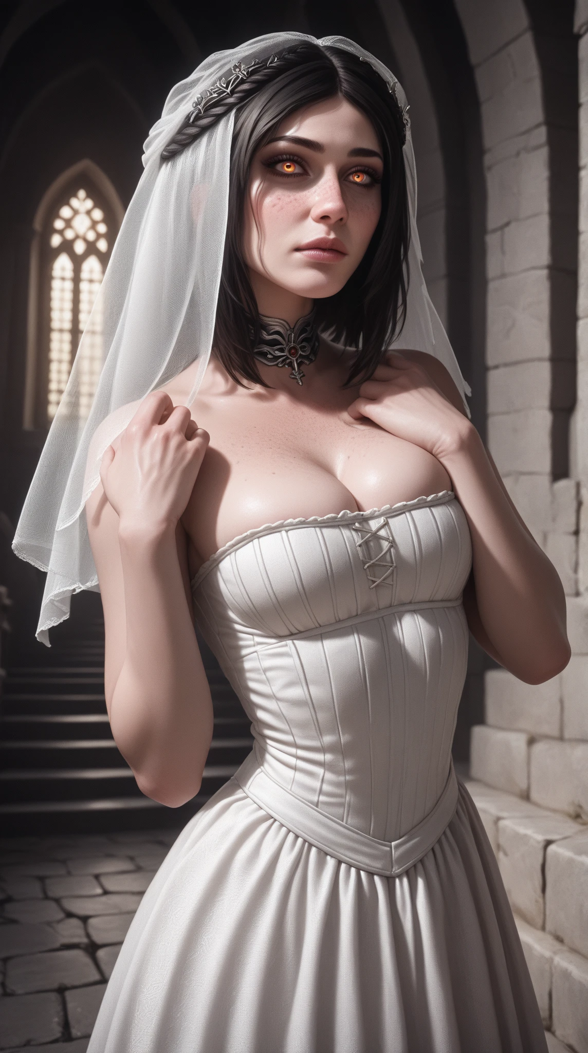 Japan maiden posing in pearl white leather corset,((small tits,well-shaped bust,slim body and constricted waist,,,,,,,,,,,,,,,,,,,,)),,,,,,,,, (((Absolute full-length images,front-facing view))),honey birdette, White silk panties＆Transparent Panty House、 Sexy corset in white color, Medium, Long White Leather Boots, lace decoration ,Cybernetic style,nippless,short hair of dark chestnut color,,,,,,,,,,,,,,,Inside the cathedral