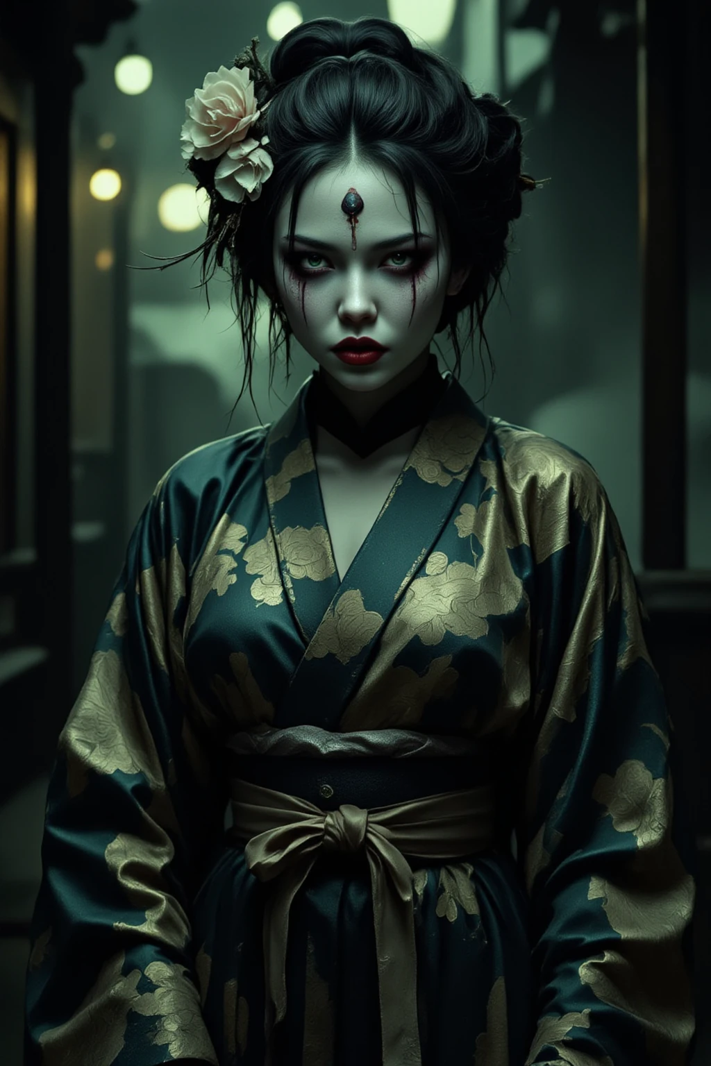 Horror-themed movie stills,Long-necked monster,woman,Dressed in kimono, Shallow depth of field, Vignette, Very detailed, High budget, Bokeh, CinemaScope, Sulky, amazing, nice, Film Grain, granular . Creepy, Anxious, dark, Creepyな, Suspenseful, strict, Very detailed