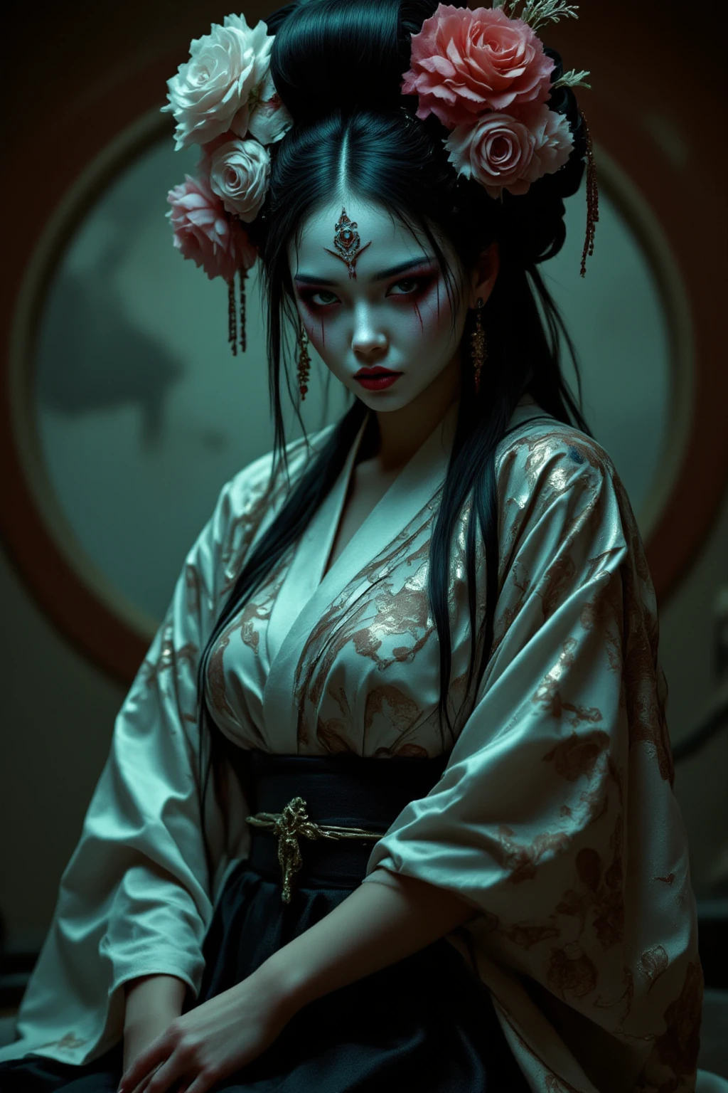 A hot gothic geisha, with long black hair, full lips (black lipstick), pale silky skin (makeup), wearing iris flowers in her hair, full breasts, wearing a low-cut black kimono with white flowers adorned, Japanese goddess of darkness, a beautiful empress of darkness, glamorous and sexy geisha of darkness, beautiful seductive tyrant princess.