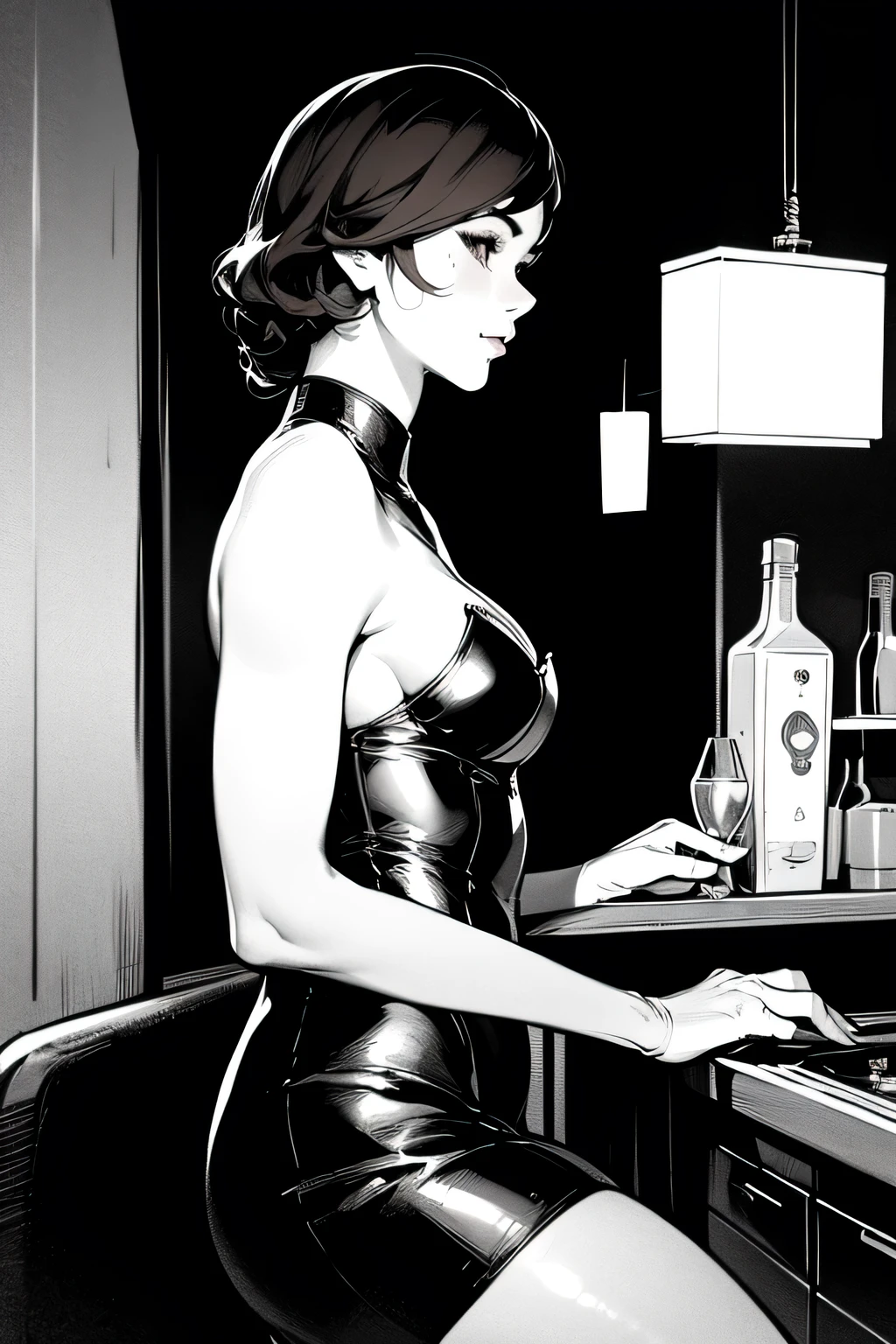 The golden ratio, Vivid Color Artwork, BEAUTIFUL LATION, Two women, Dramatic Scene , A BEAUTIFUL JAPANESE WOMAN :1.331, solo, from side:1.331, At the counter, medium hair, brown hair, sexy, Modern Dining Bar, Lots of liquor bottles, Anatomically Correct Proportions, slim waist, medium breasts, detailed face, Detailed Iris:1.5, facial close-up, facing another, mini dress with little cloth area, Black Leather Lace Up Bustier, Micro Mini Skirt, Panties, fishnet bunny, Makes your butt look bigger, Modern Bar Counter, shining like a prism, Avant-Garde Everyday Scenes for Beautiful Women, lens flare ,