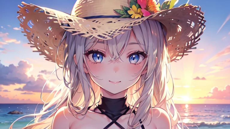 One girl, long tied brunette hair, smile, blue eyes, Wink, View your viewers, Wearing a bikini, flower straw hat, (Beach), (sunset), evening, masterpiece, 8K, Perfect lighting, The perfect outfit, Perfect , Perfect Eyes, Perfect Face, Sharp resolution, (Face close-up)