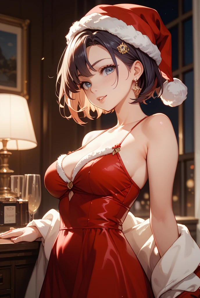 Perfect and round breasts ((bust-88cm)) ((waist-60cm)) ((hips-88cm)), 1 mature woman, (("very wavy short bluish hair with bangs)) ((cute and beautiful woman)) , double eyelids, detailed eyes, hyper-detailed eyes, light effect on the eyes, detailed iris, has an extremely sexy appearance, with incredible breasts and perfect waist, wears a short red Christmas dress, with a belt in celebration of Christmas. She wears fuzzy gloves red eyes that extend to the elbows, beautiful makeup, cleavage, Christmas tree celebration ((work -prime, hyper realistic, hyper detailed, best quality, 16k, light and shadow effect on the skin), eyeliner on the eyes, cute expression , happy smile, perfect full lips, tanned skin, she is in a Christmas store, sunny day, Christmas tree, Christmas lights in the store, beautifully seductive woman, sexy pose: 1, 3, seductive look, seductive pose: 1 ,two