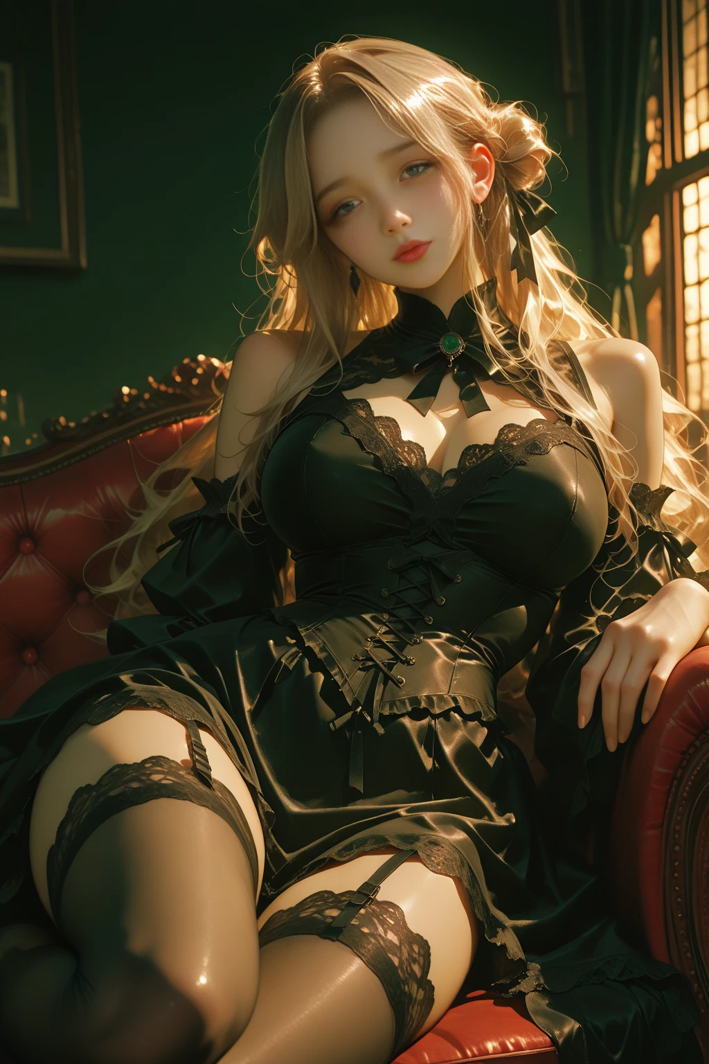 (Ultra Real), (Illustration), (high resolucion), (8K), (Very detailed), (Best Illustration), (Beautiful detailed eyes), (Best Quality), (The ultra-detailliert), (Masterpiece), (wall paper), (Detailed face), Droopy Eyes, ((Colossal tits)), ((Very sexy perfect body)), ((well- proportioned figure)), (Slim waist), (Extremely beautiful face, Beautiful Big & Clear & detailed eyes, Beautiful nose, Beautiful lips), (perfect hand:1.5), Thick thighs, perfect sexy long slender legs, ((thigh-high-quality lace black stockings)), ((black high heels)), (Bitch), (Bawdy), (Seductive & sensual eyes), (Open your legs:1.3), (legs separated), (knee bend), looking at the viewers, Beautiful earrings, bangle, necklace, luxury mansion、Painting on the wall、chandeliers、Antic Properties, Bedroom, (sexy maid clothes:1.3), wristbands Mini Swirl Skirt, (brown eyes), (Blond_hair), (long straight hair), (a look of contempt:1.4)